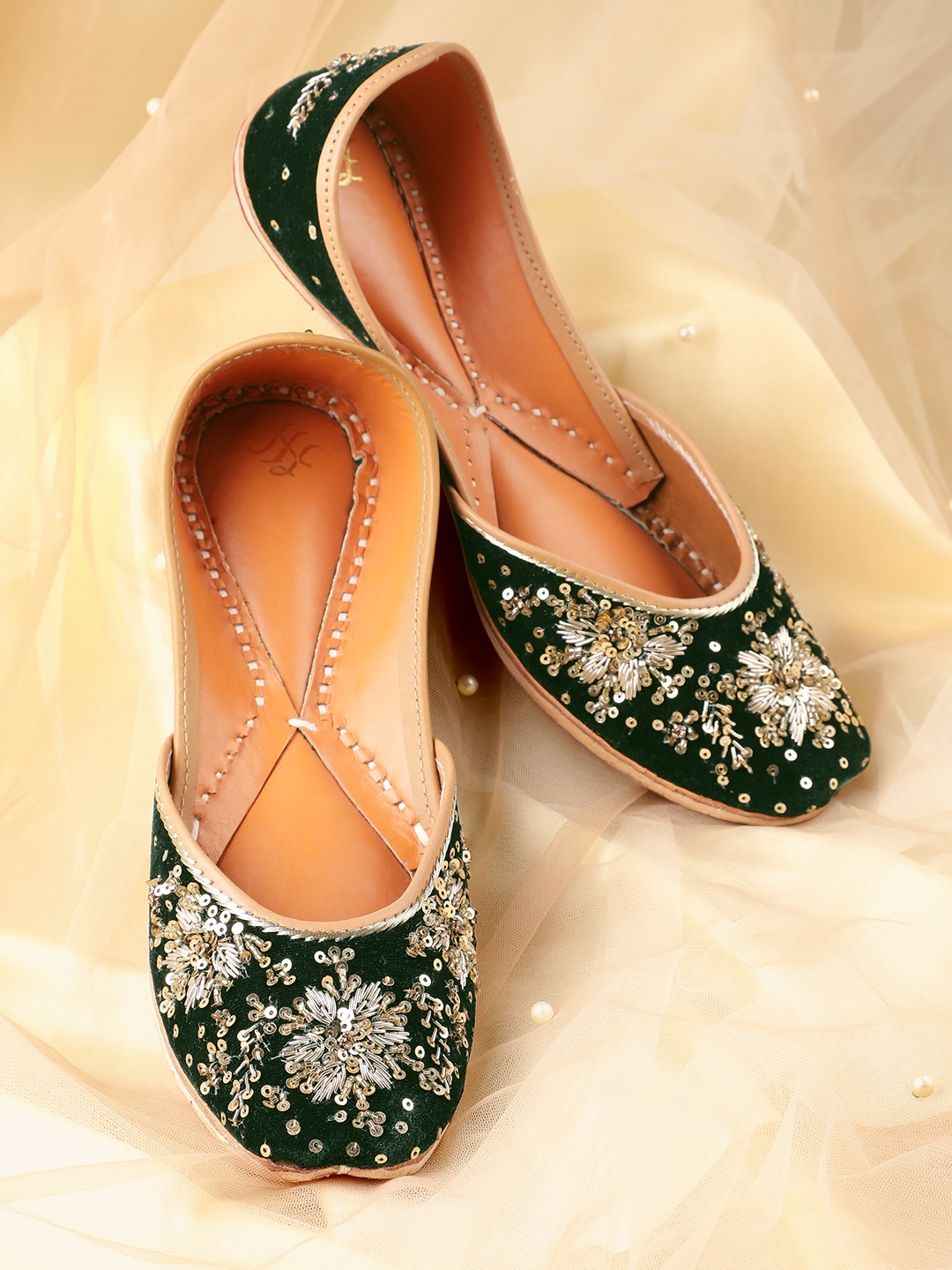 

House of Pataudi Women Embellished Leather Mojaris, Green