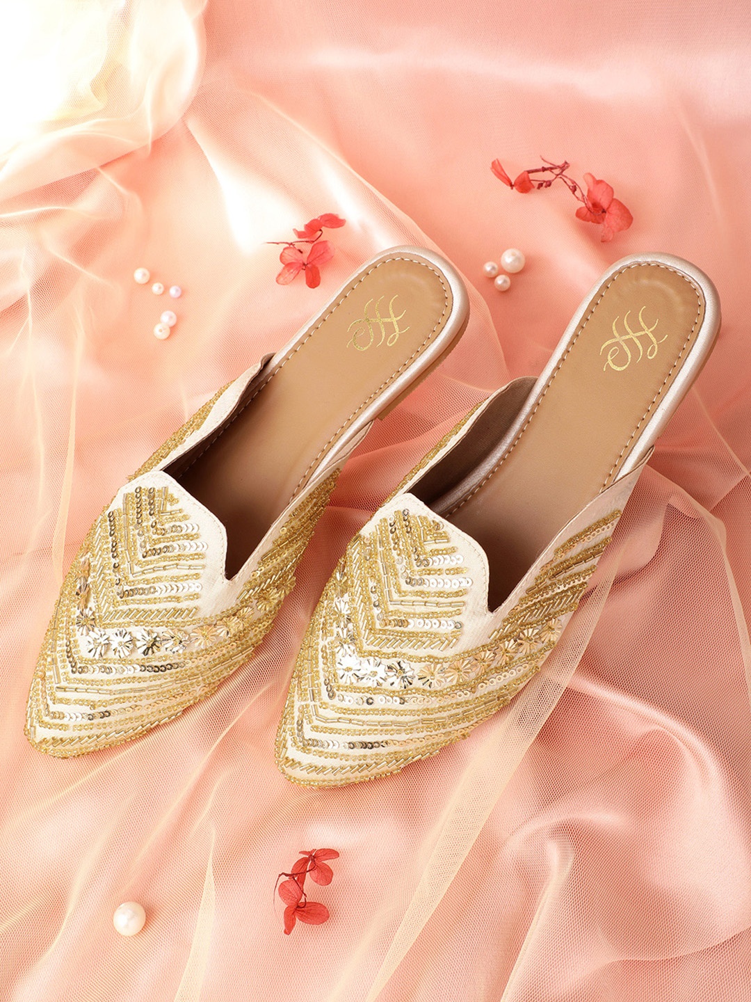 

House of Pataudi Women Beads Embellished Ethnic Mules, Gold