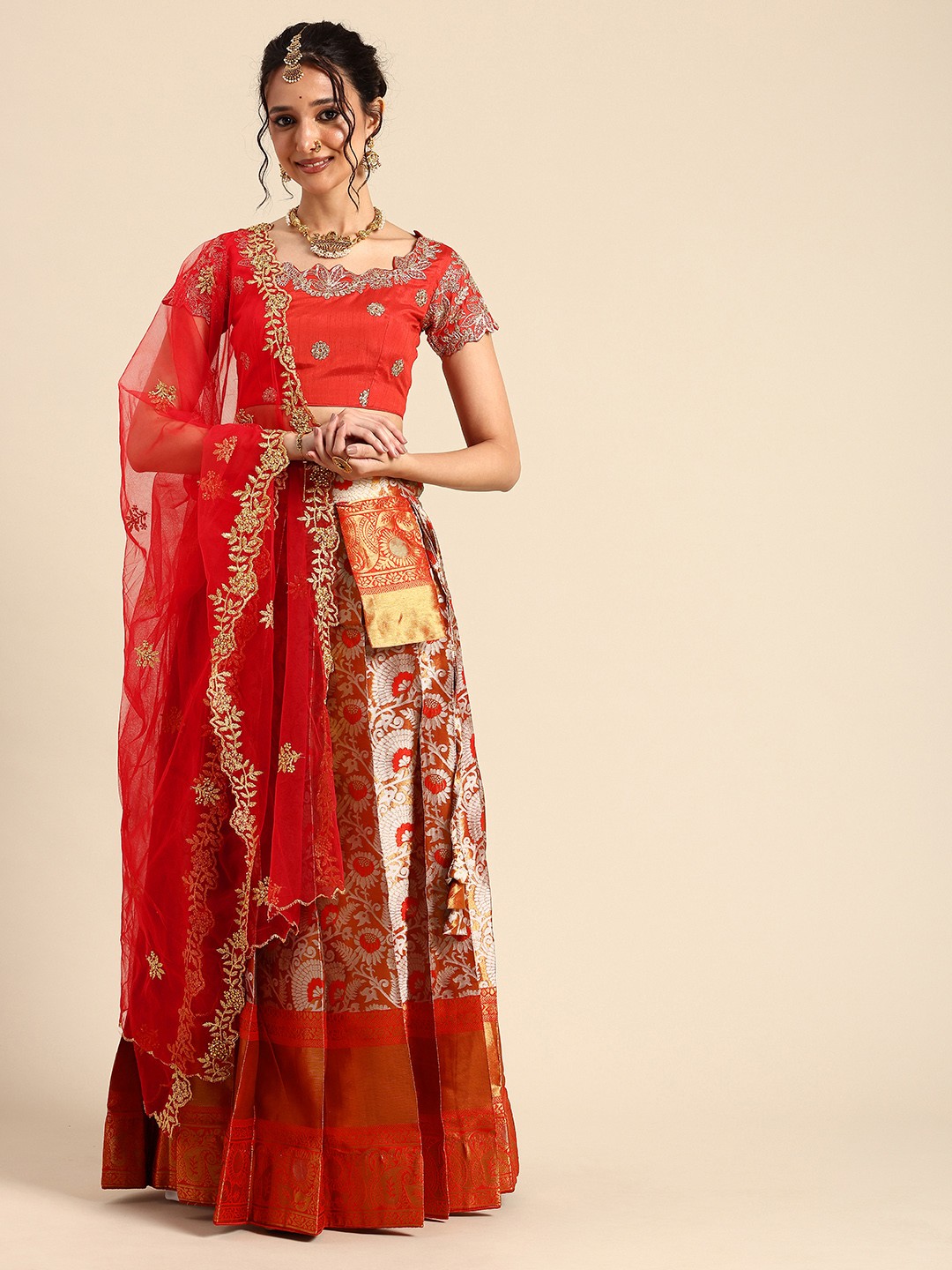

Fabcartz Embroidered Semi-Stitched Lehenga & Unstitched Blouse With Dupatta, Maroon