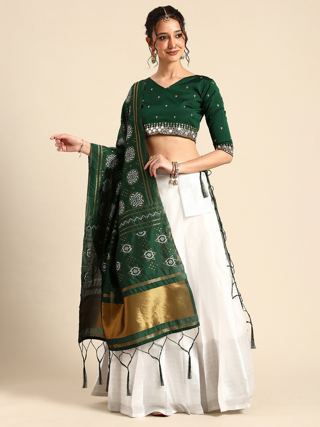 

Fabcartz Embroidered Mirror Work Semi-Stitched Lehenga & Unstitched Blouse With Dupatta, White