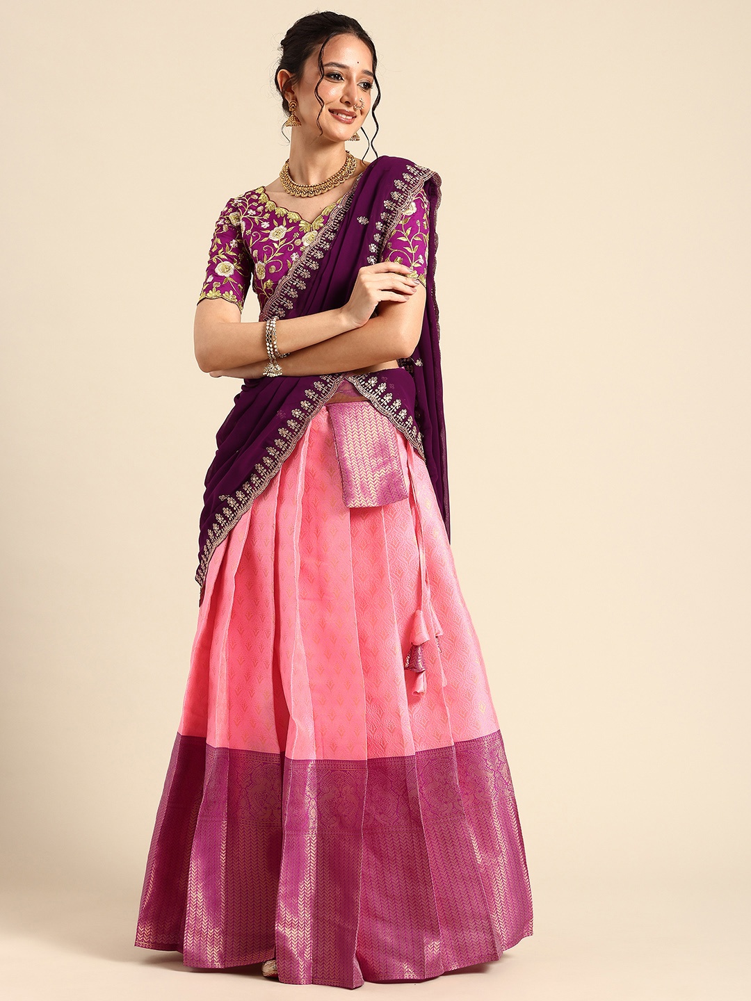 

Fabcartz Embroidered Sequinned Semi-Stitched Lehenga & Unstitched Blouse With Dupatta, Pink