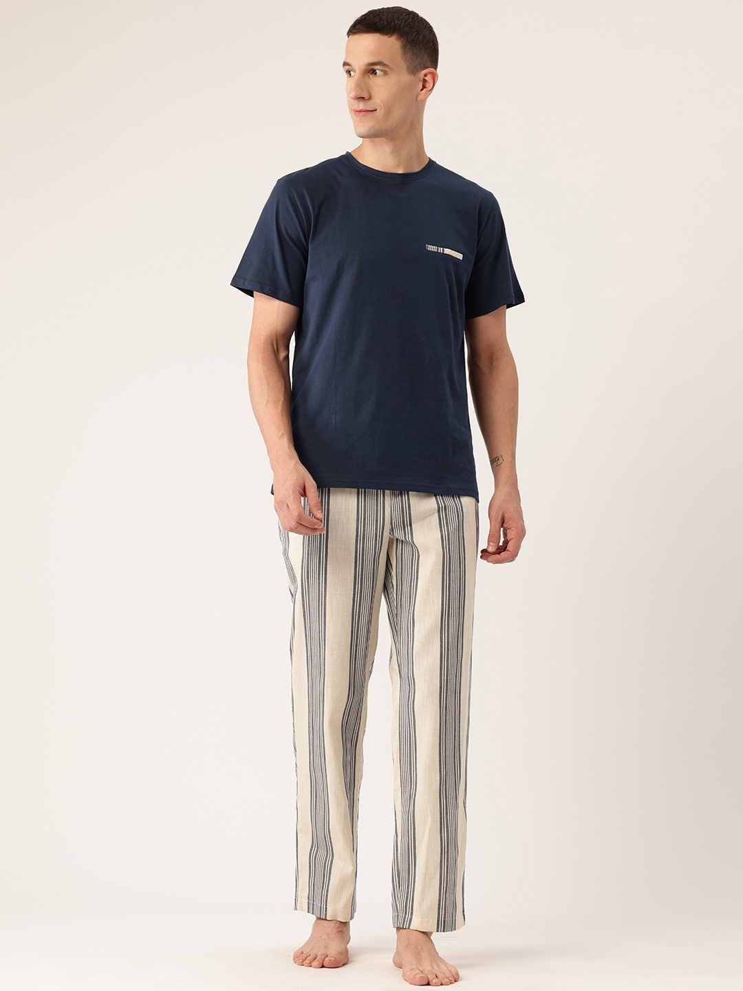 

ETC Men Striped Pure Cotton Night Suit, Navy blue