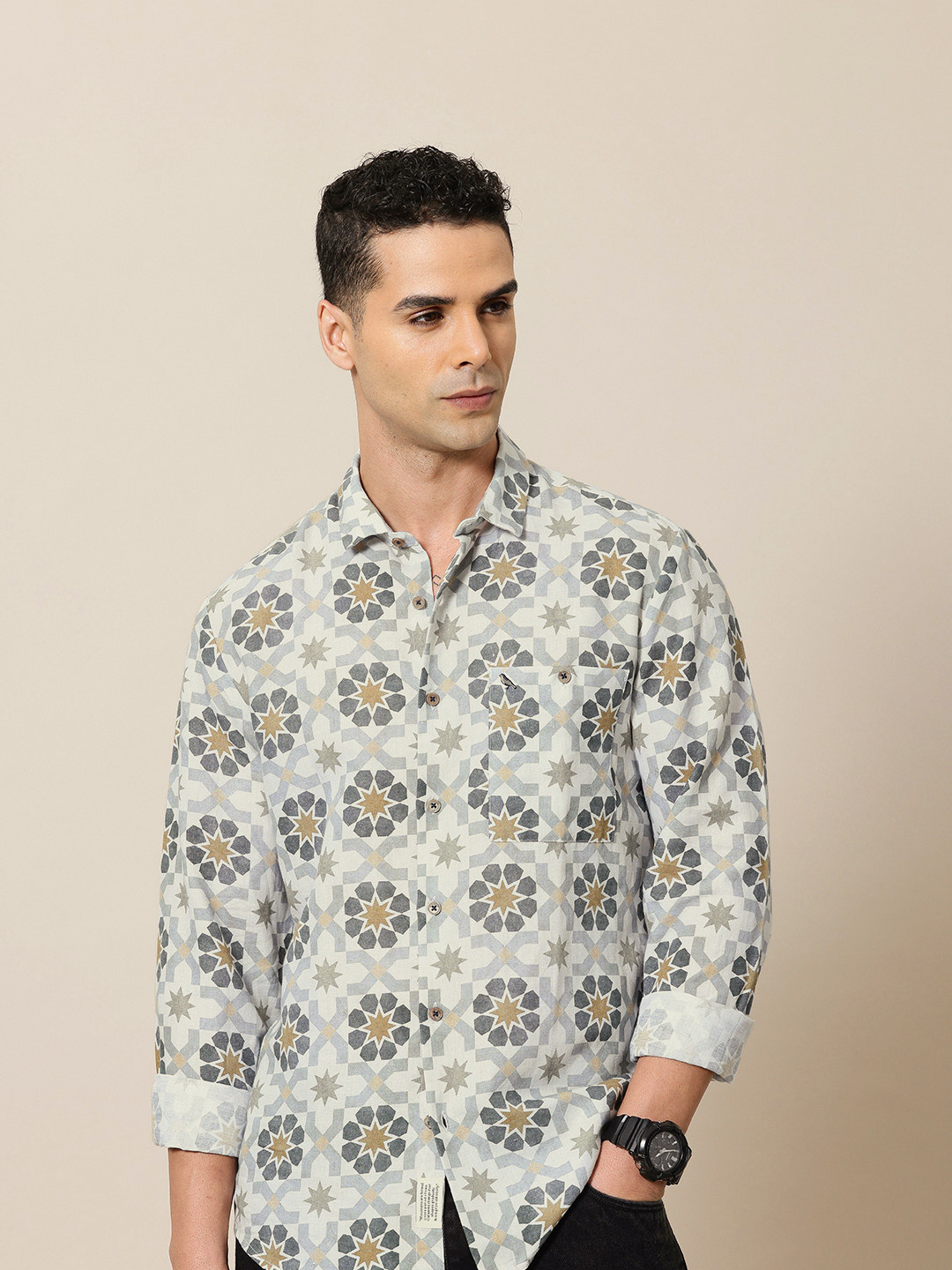 

Mr Bowerbird Premium Tailored Fit Printed Casual Shirt, White