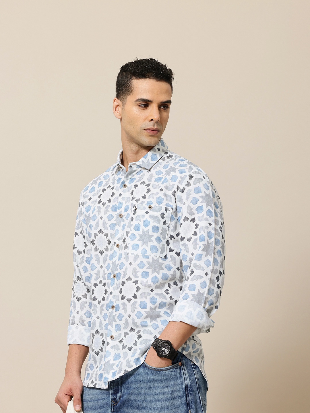 

Mr Bowerbird Premium Tailored Fit Printed Casual Shirt, Blue