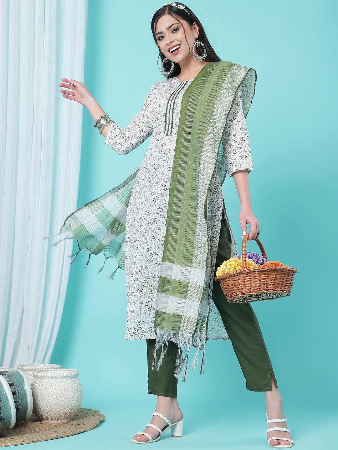 

TRAHIMAM Floral Printed V-Neck Regular Cotton Blend Straight Kurta with Trousers & Dupatta, Olive