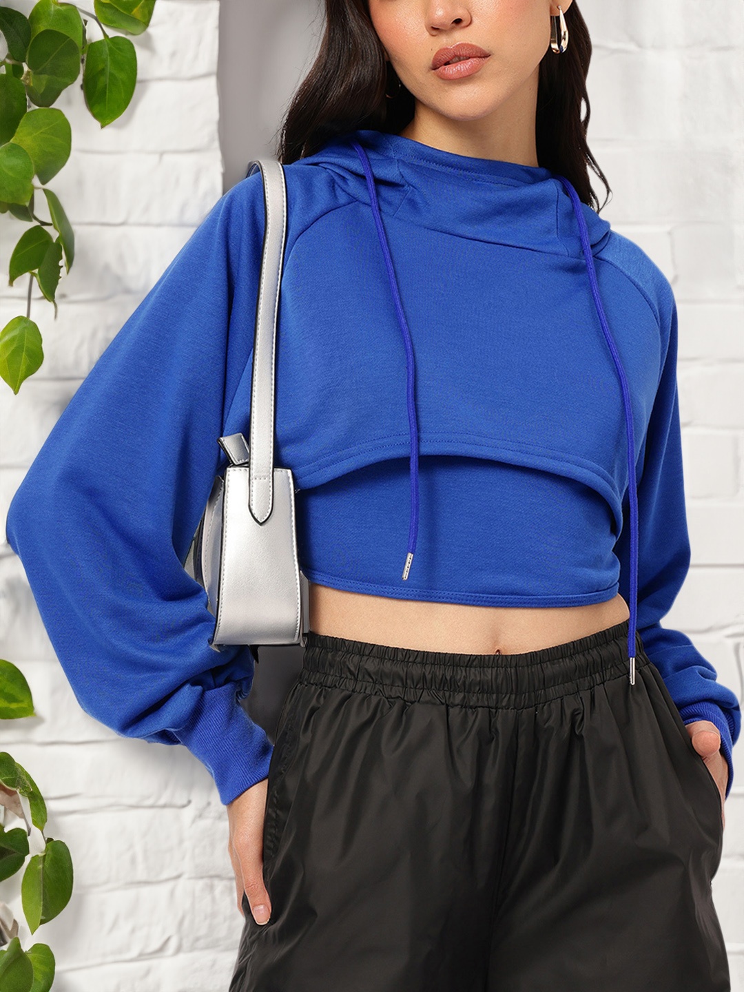 

DressBerry Opulent Overlays Raglan Hooded Layered Crop Top, Blue