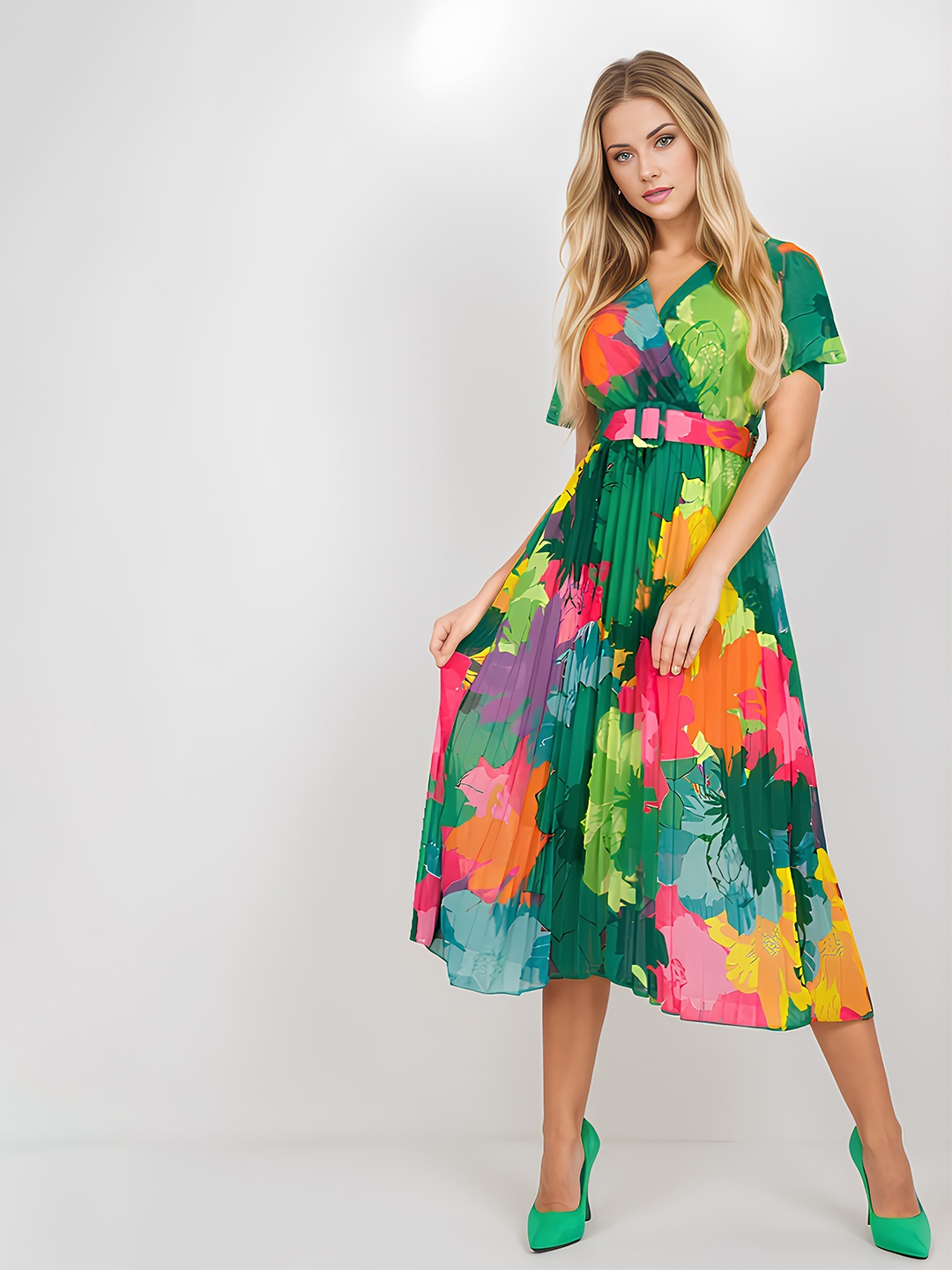 

FIESTA RESORTWEAR Women Floral Printed Georgette Fit & Flare Midi Dress, Green