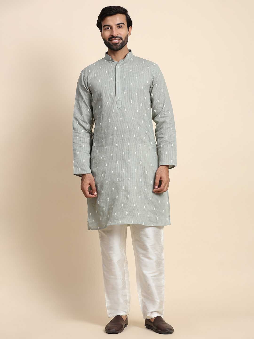 Rawayi Ethnic Motifs Thread Work Mandarin Collar Pure Cotton Straight Kurta, Green