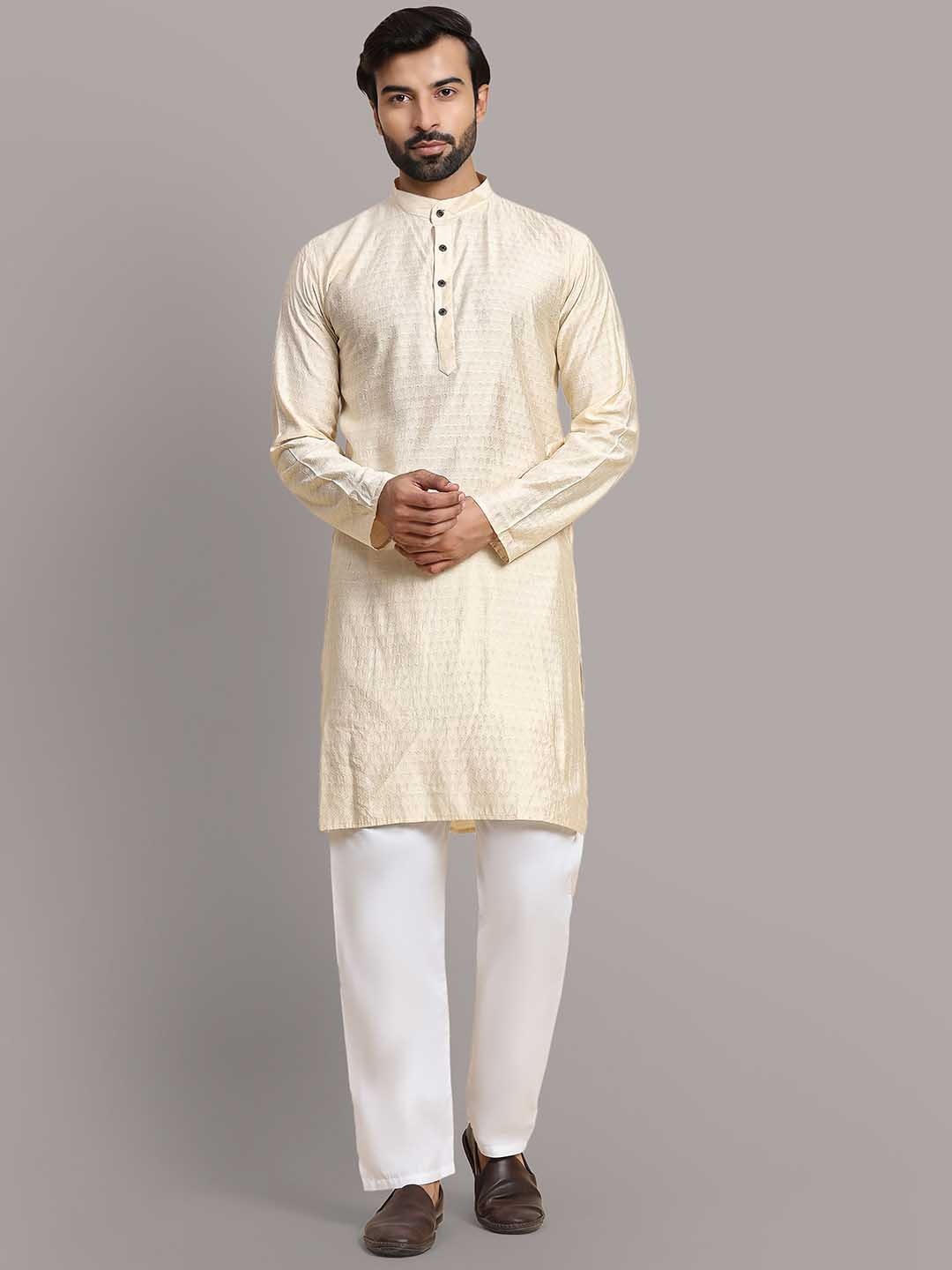 

Rawayi Geometric Woven Design Mandarin Collar Pure Cotton Straight Kurta, Cream