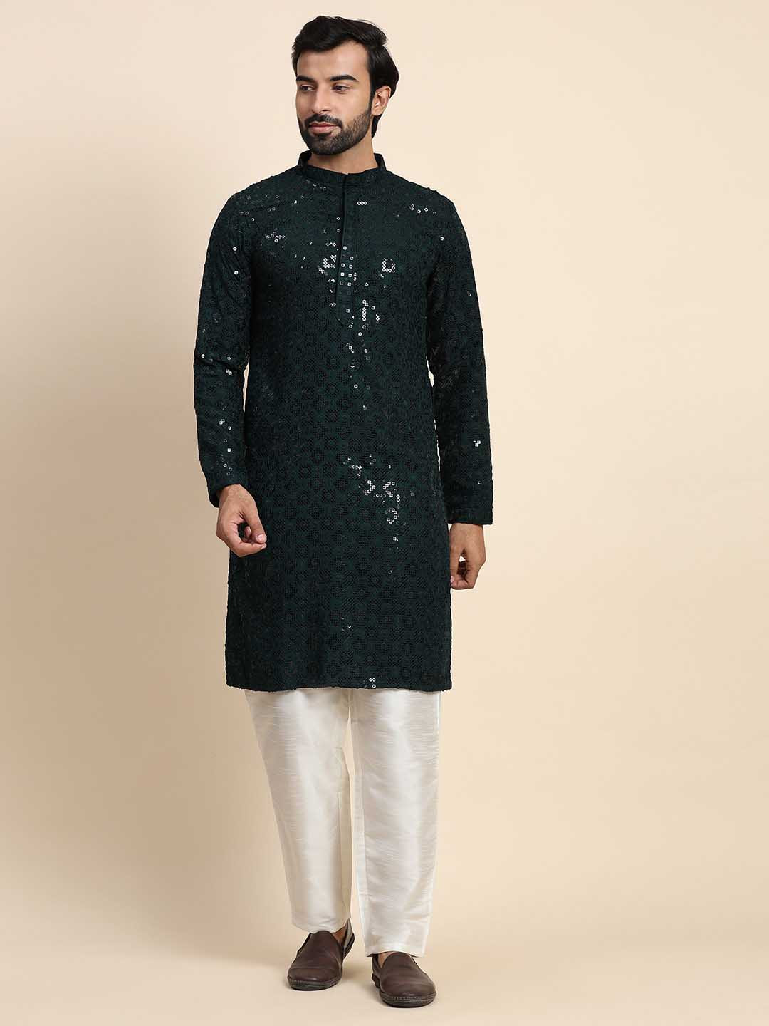 

Rawayi Sequined Band Collar Long Sleeves Chikankari Pure Cotton Straight Kurta, Green
