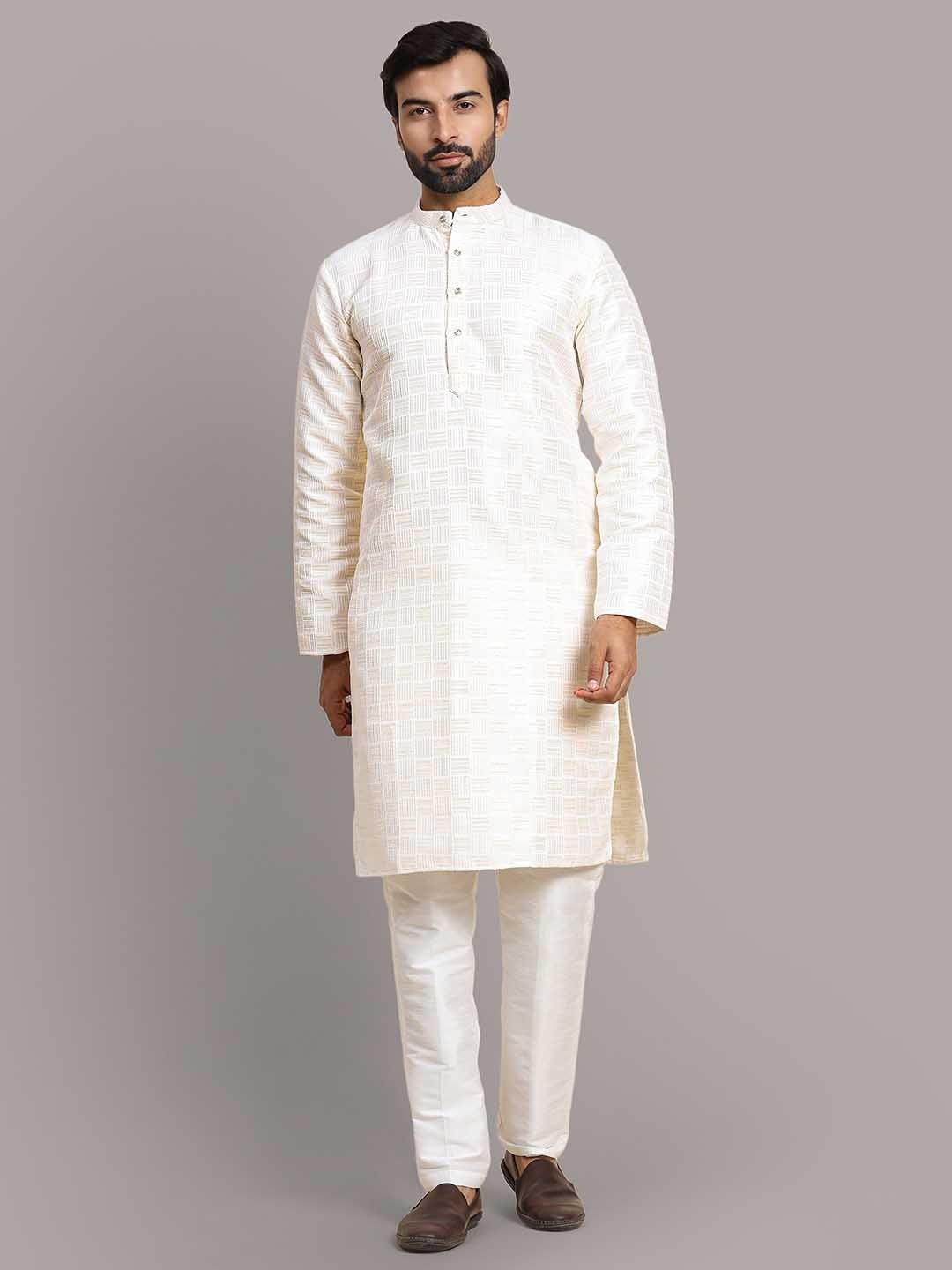 

Rawayi Woven Design Mandarin Collar Pure Cotton Straight Kurta With Pyjama, White
