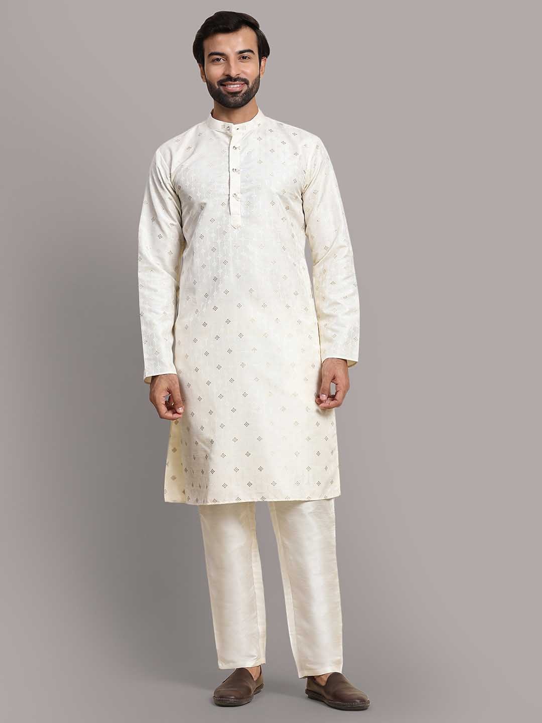 

Rawayi Ethnic Motifs Printed Band Collar Pure Cotton Straight Kurta, Cream