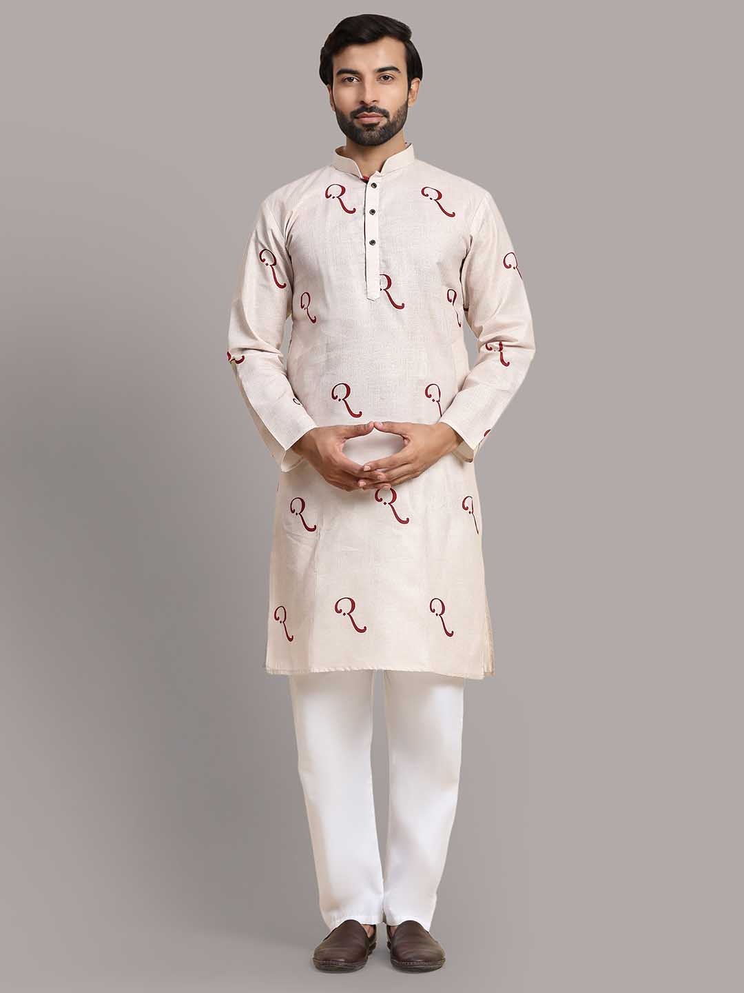 Rawayi Abstract Printed Mandarin Collar Long Sleeves Pure Cotton Straight Kurta, Cream