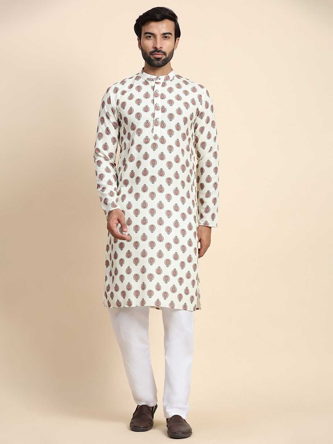 

Rawayi Ethnic Motifs Printed Mandarin Collar Pure Cotton Kurta, White