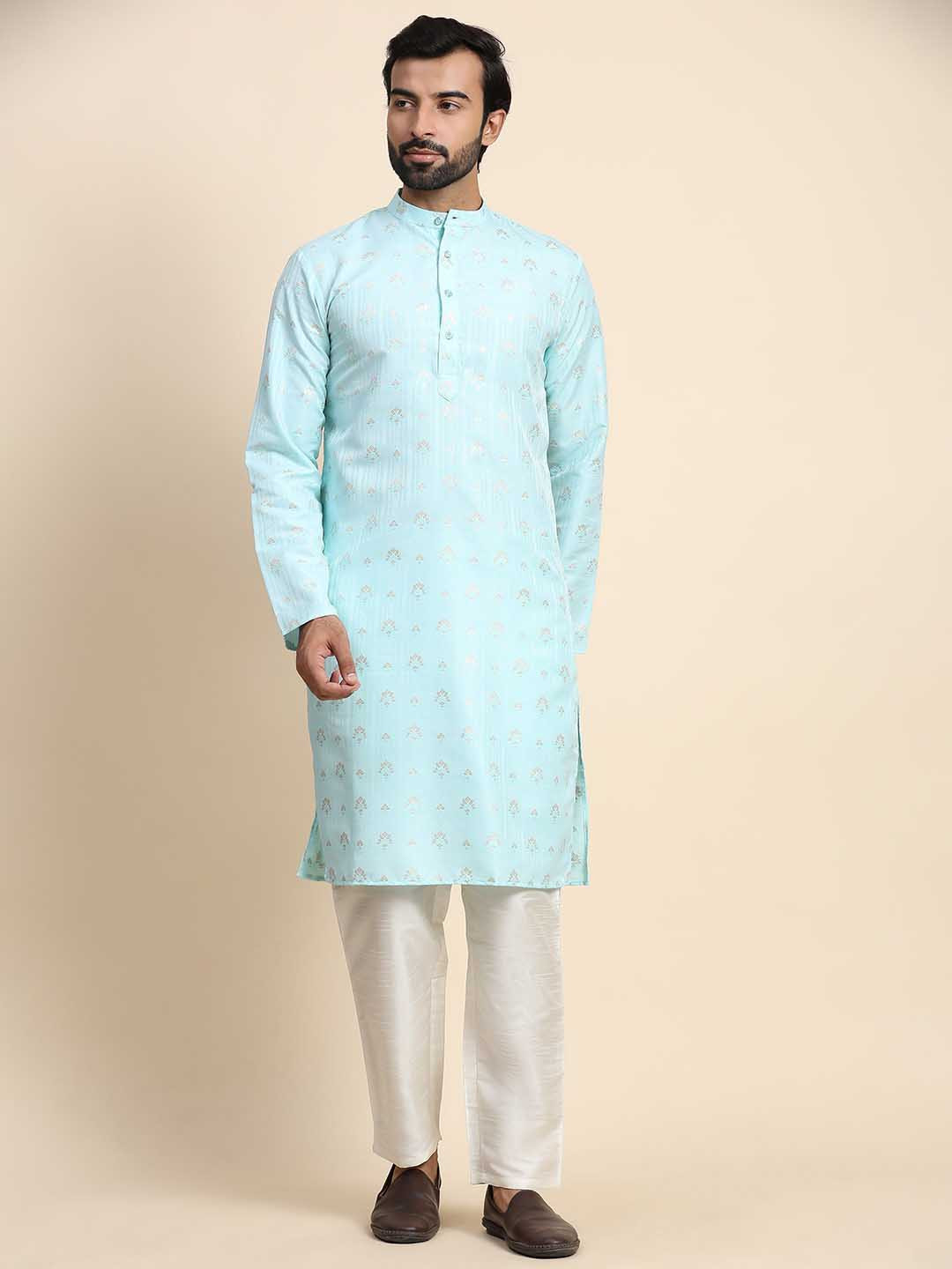 

Rawayi Ethnic Motifs Printed Mandarin Collar Pure Cotton Kurta, Turquoise blue