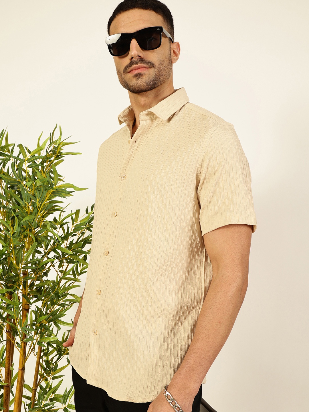 

Thomas Scott Men Premium Spread Collar Popcorn Texture Casual Shirt, Beige