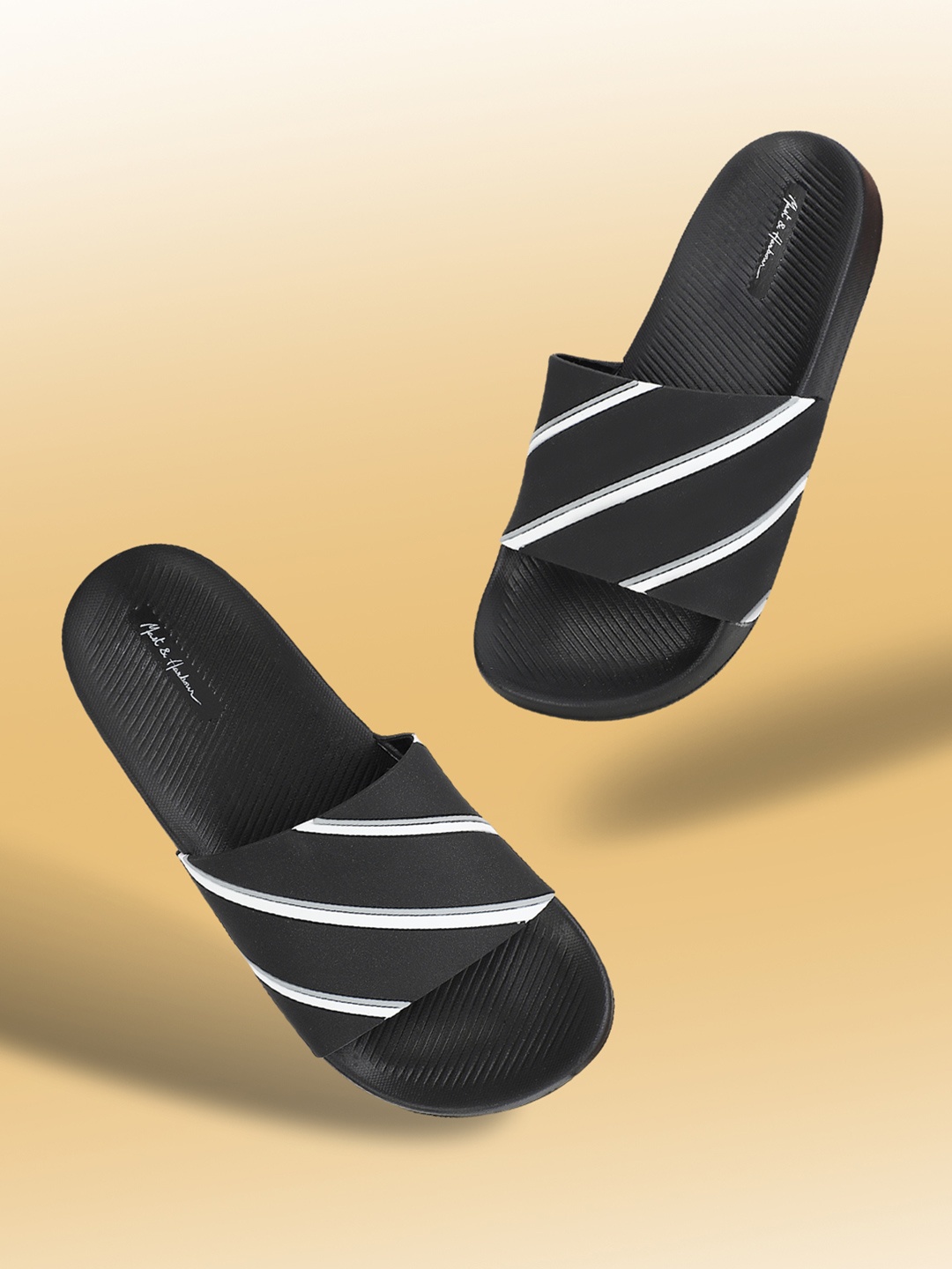 

Mast & Harbour Men Striped Rubber Sliders, Black