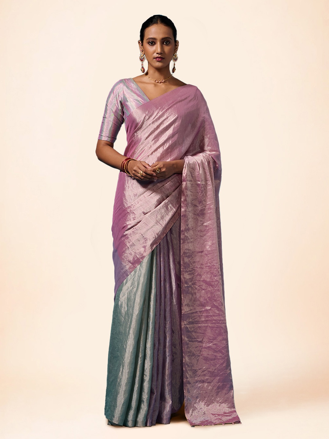 

Dressfolk Tissue Half and Half Chanderi Saree with Blouse Piece, Pink