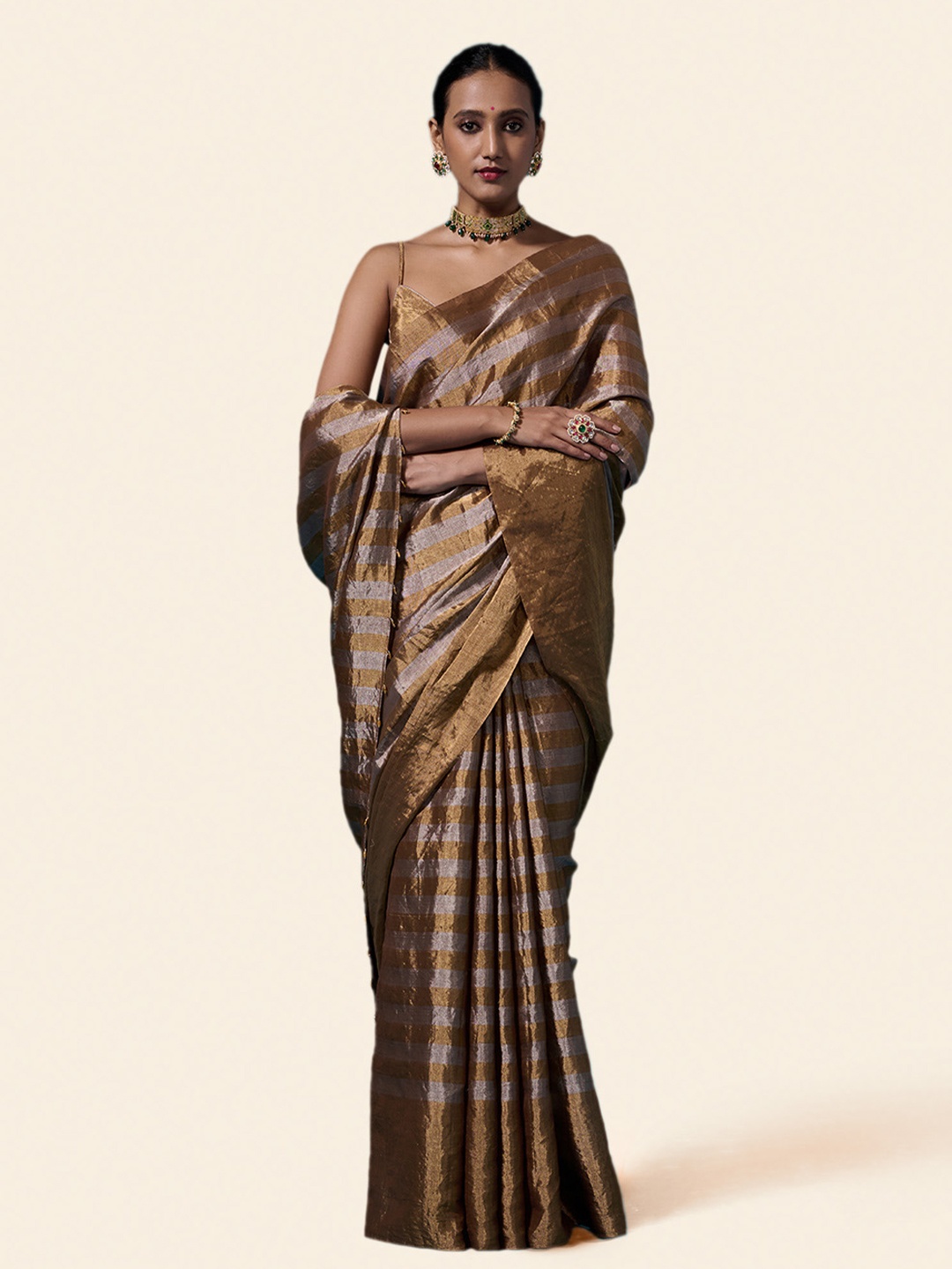 

Dressfolk Striped Tissue Chanderi Saree with Blouse Piece, Gold