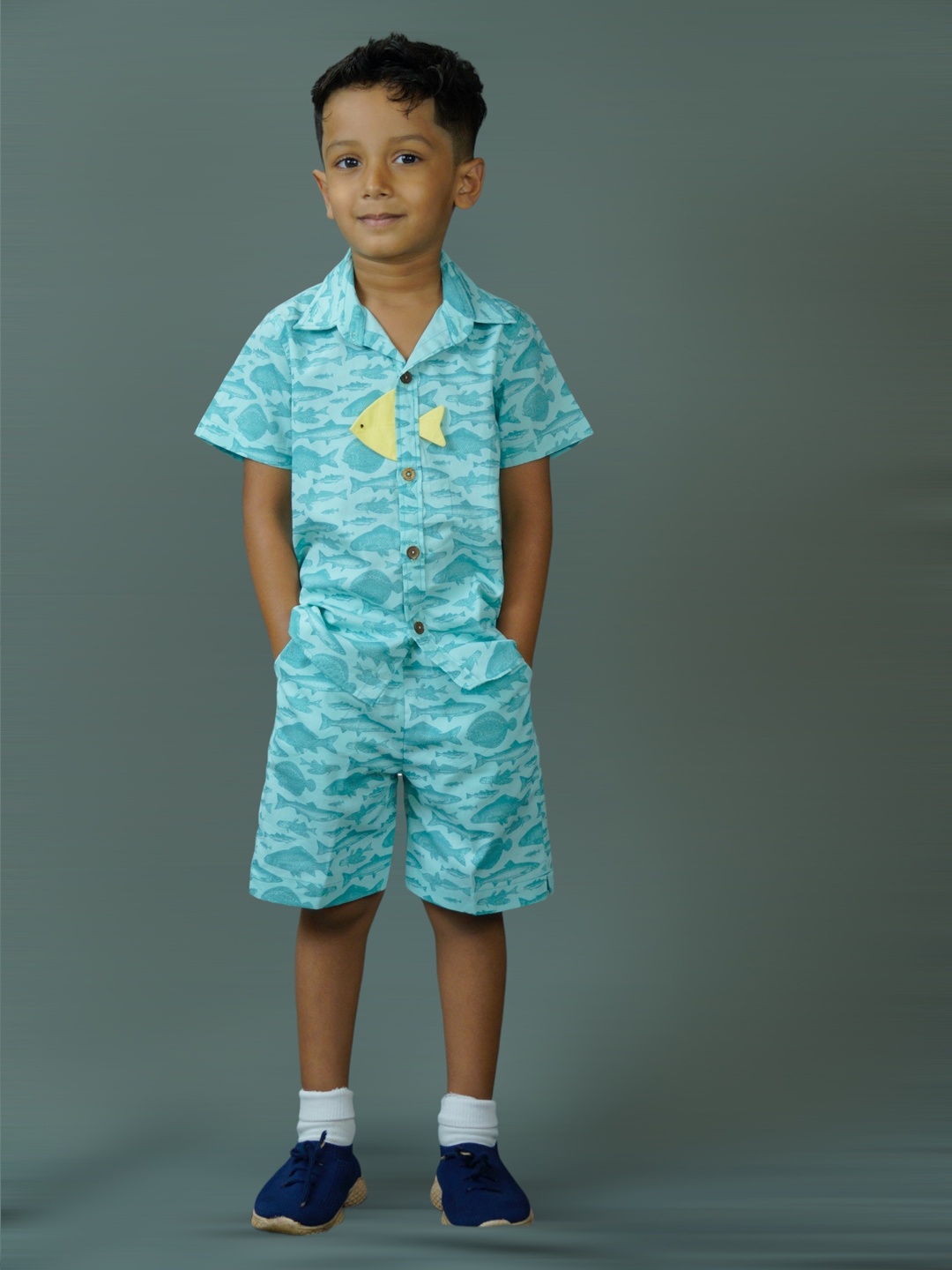 

Little Llama Boys Printed Short Sleeves Shirt Collar Pure Cotton Shirt With Shorts, Blue