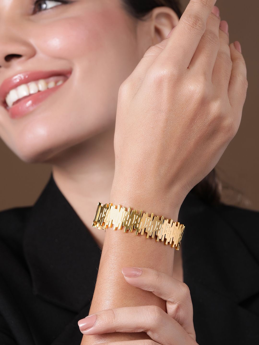 

Rubans 22K Gold Plated Stainless Steel Tarnish-Free Waterproof Modern Textured Bracelet