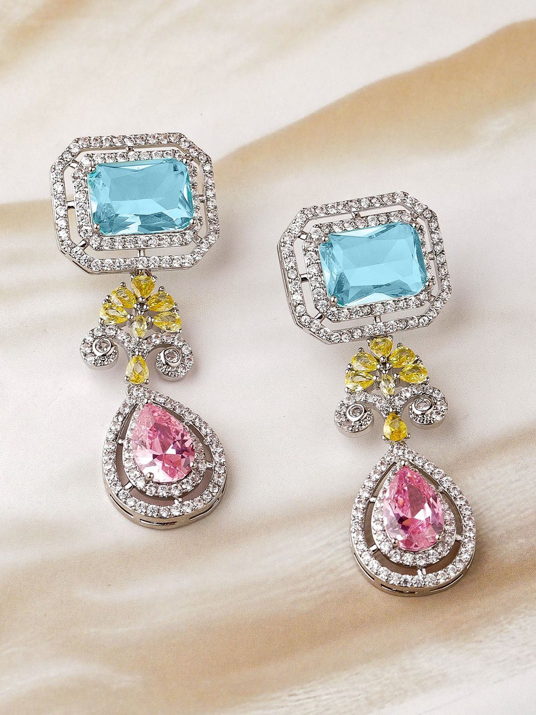 

Rubans Rhodium-Plated Oval American Diamond Drop Earrings, Silver