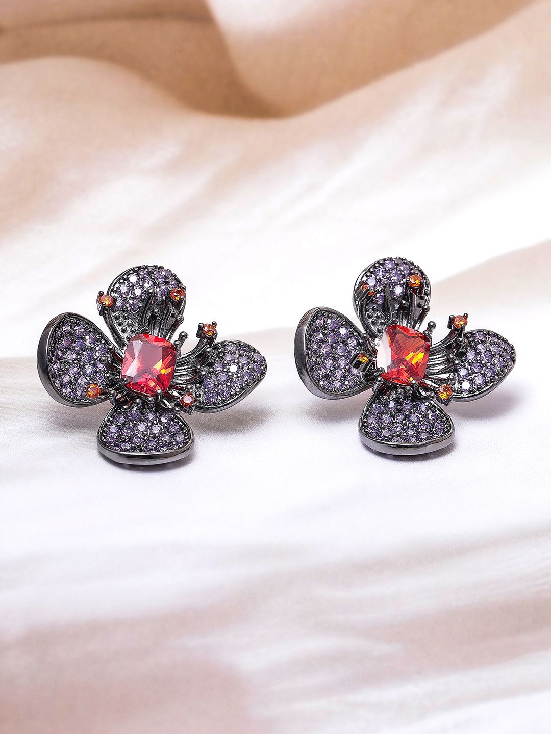 

Rubans Rhodium-Plated Lavender, Orange & Ruby AD & Cubic Zirconia Floral Stud Earrings, Silver