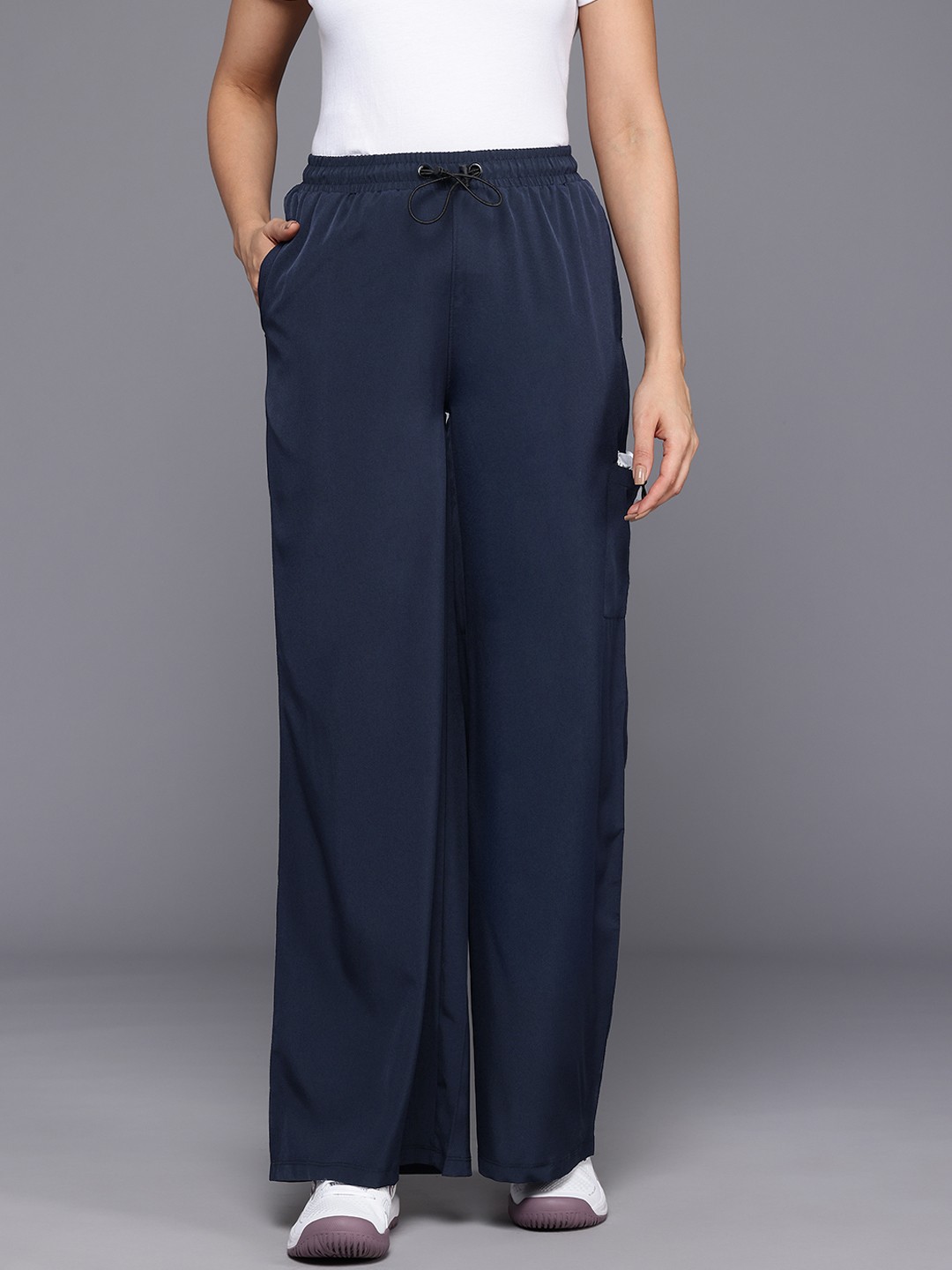 

HRX by Hrithik Roshan Women Mid-Rise Wide Leg Lifestyle Track Pants, Navy blue
