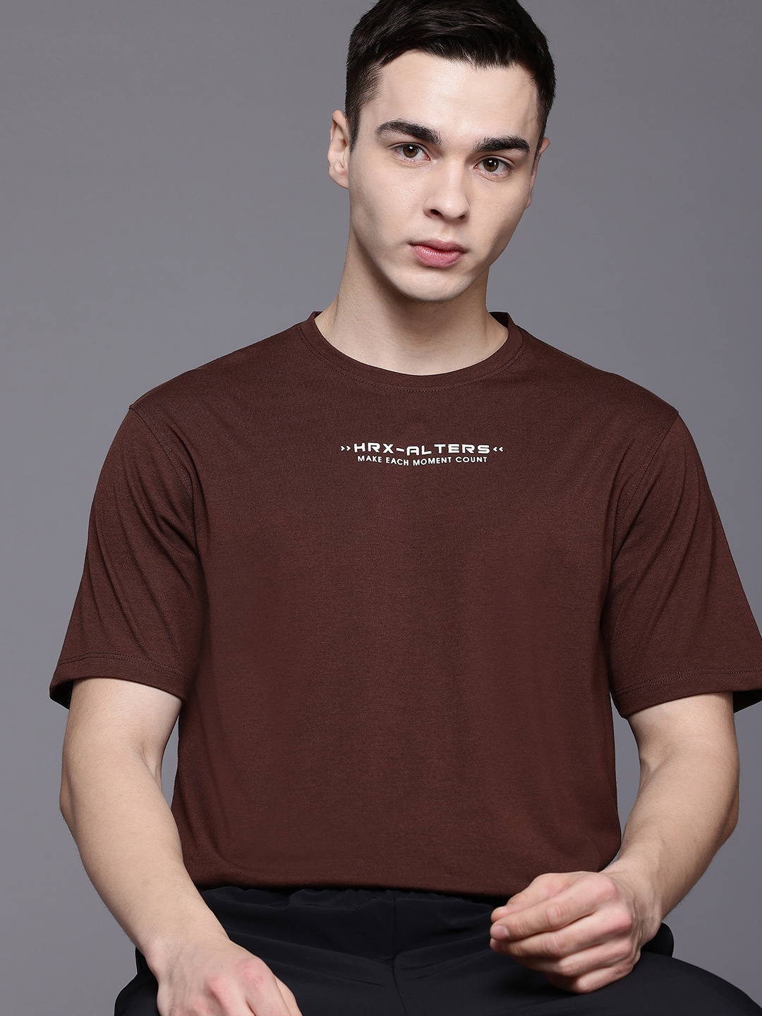 HRX by Hrithik Roshan Typography Colourblocked Lifestyle T-shirt, Brown