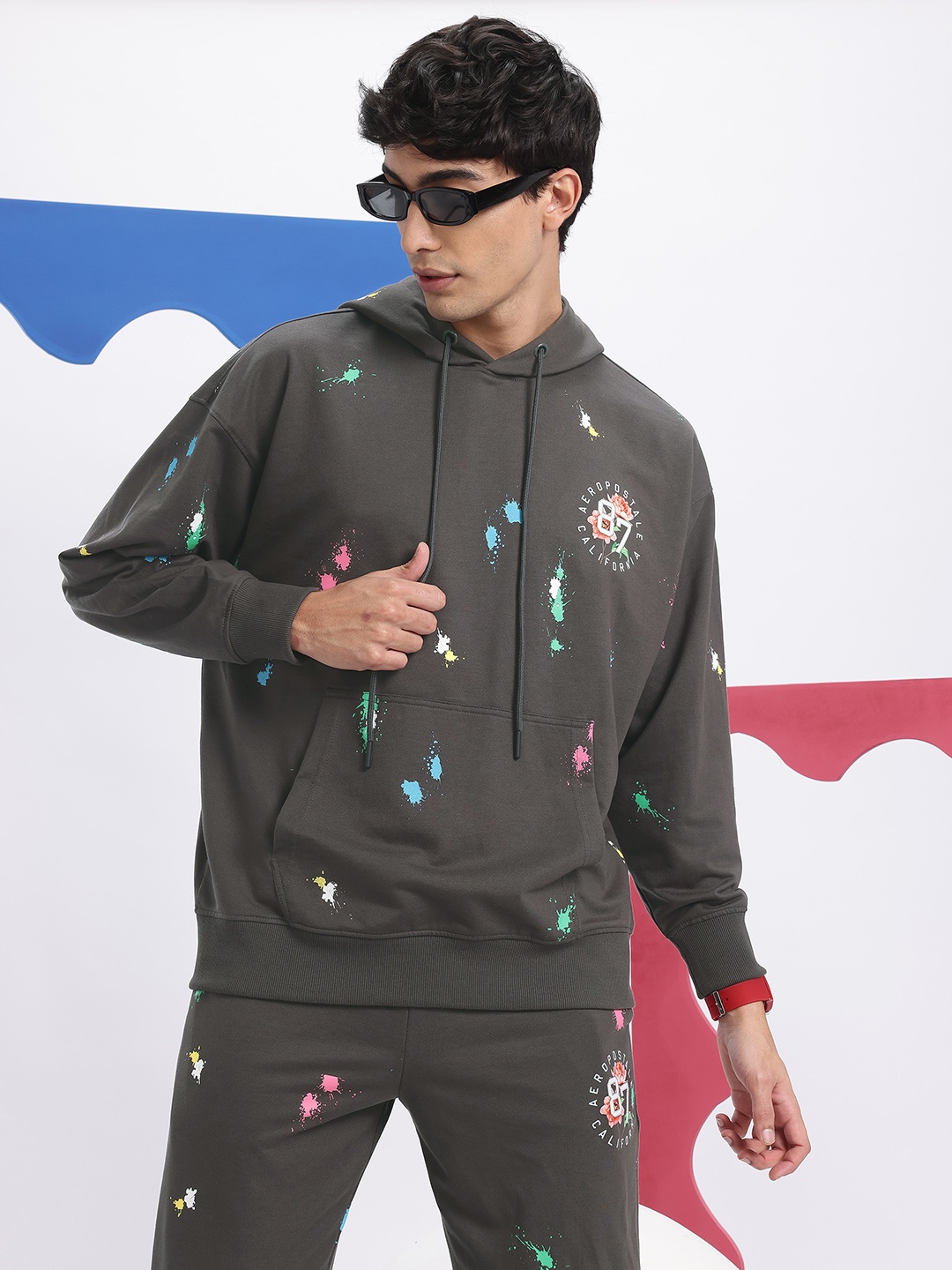 

Aeropostale Abstract Printed Drop-Shoulder Sleeves Hooded Sweatshirt with Trousers, Grey
