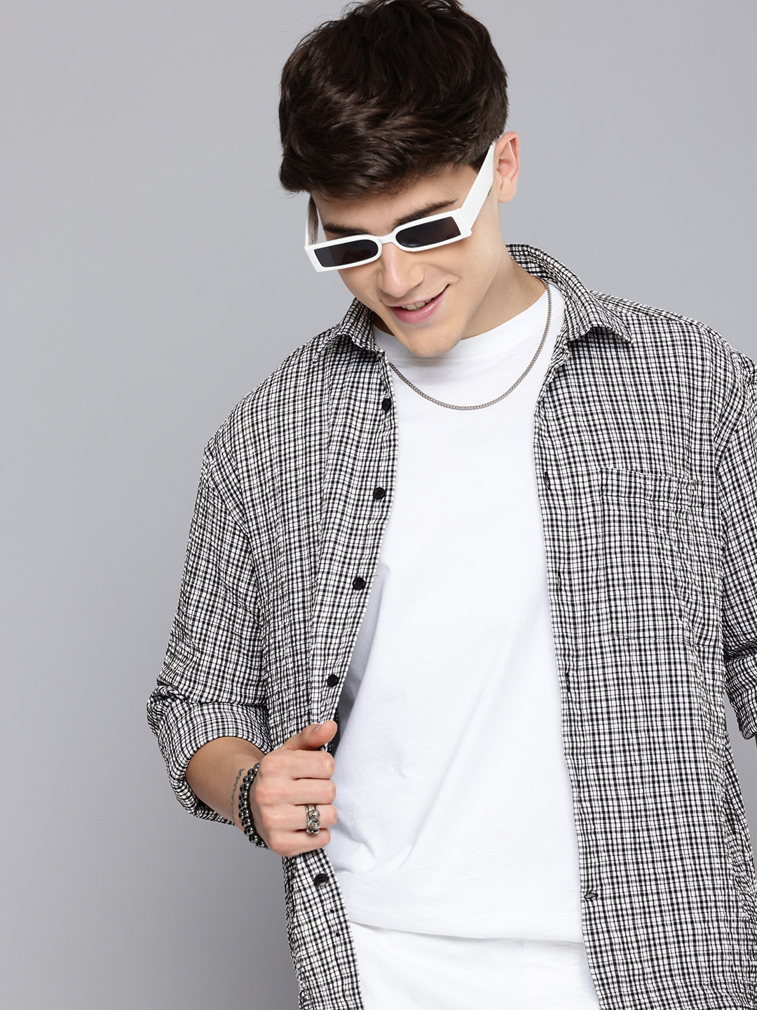 

Aeropostale Textured Self Design Micro Checks Opaque Casual Shirt, Black