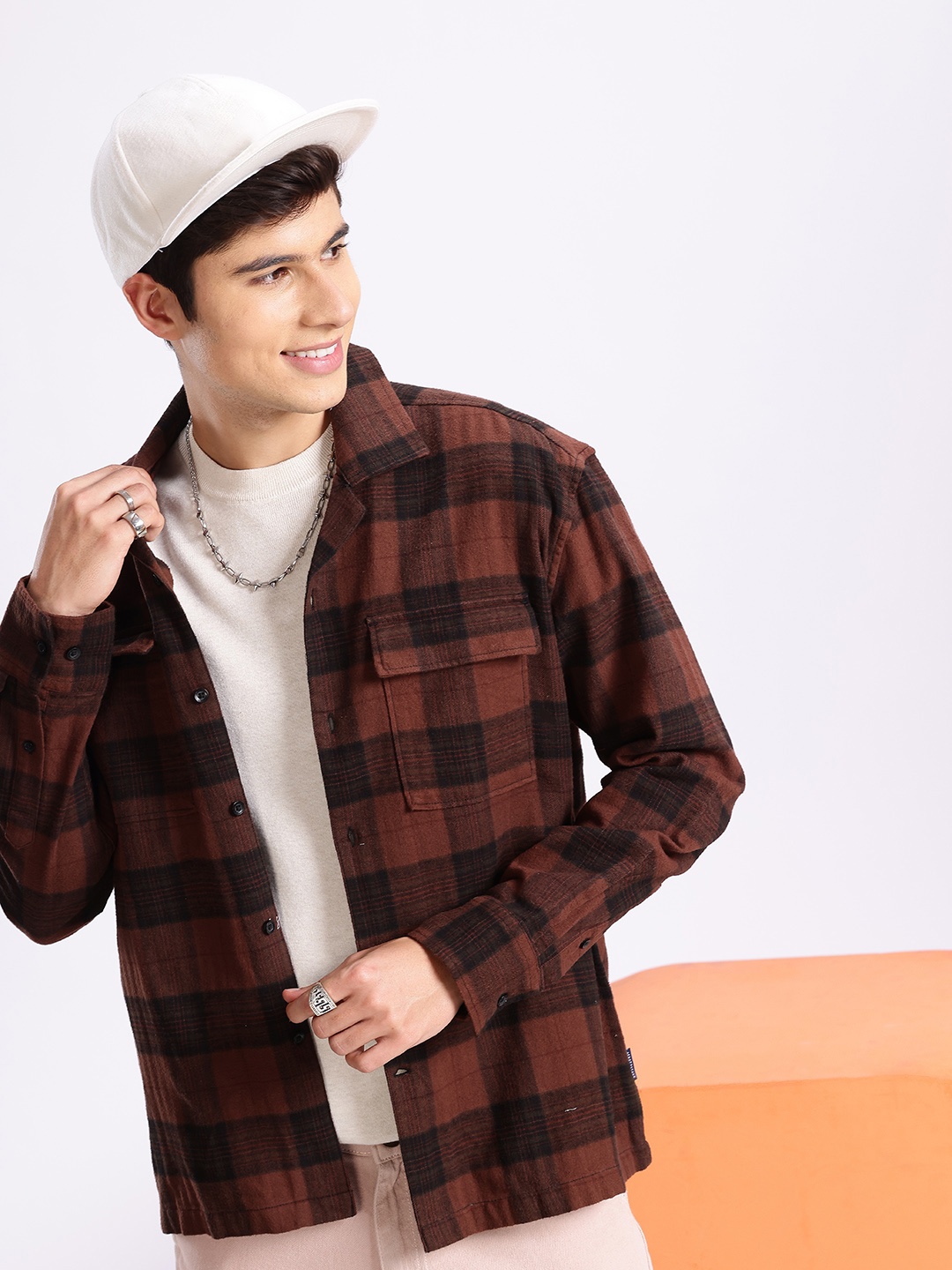 

Aeropostale Relaxed Fit Checked Drop-Shoulder Sleeves Pure Cotton Casual Shirt, Rust