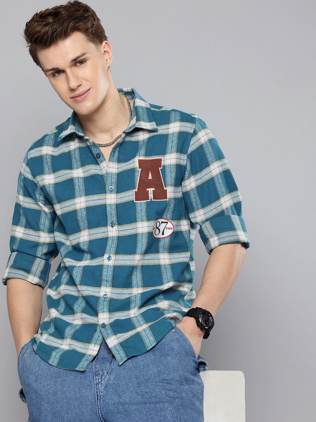 

Aeropostale Checked Applique Detailed Pure Cotton Casual Shirt, Blue