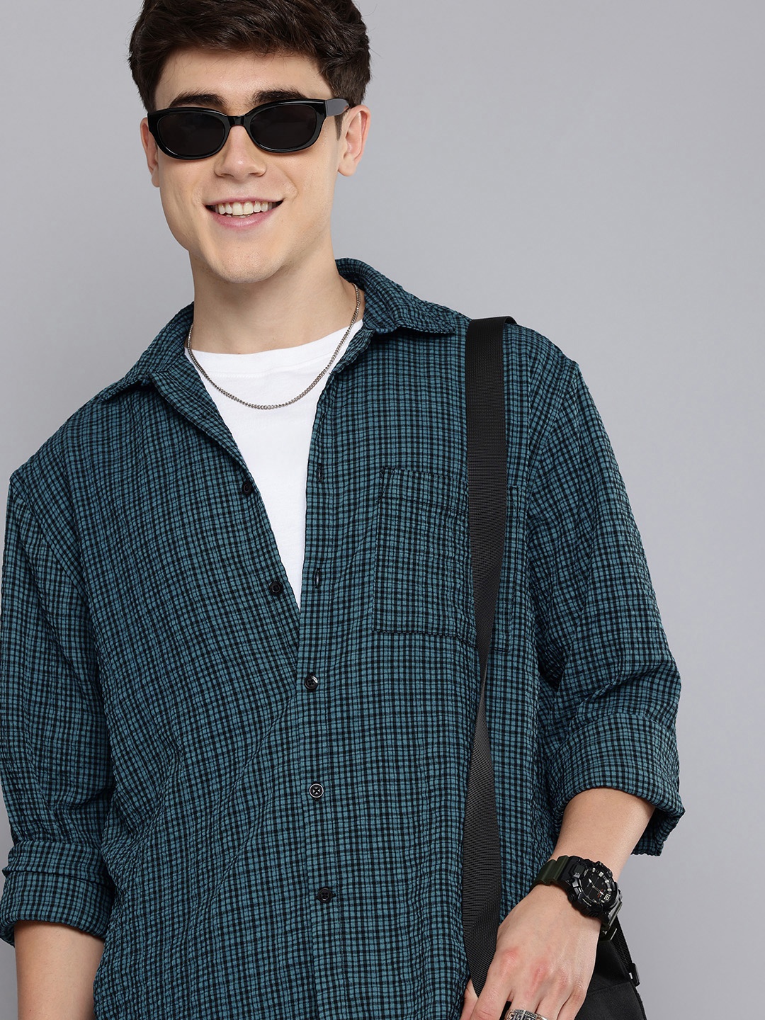 

Aeropostale Textured Self Design Micro Checks Opaque Casual Shirt, Teal