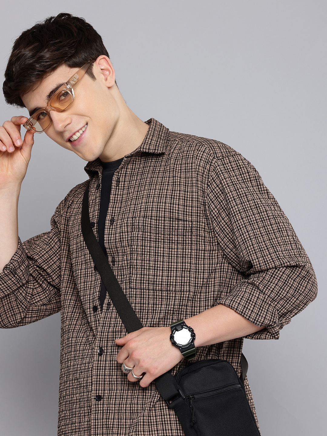 

Aeropostale Textured Self Design Micro Checks Opaque Casual Shirt, Brown