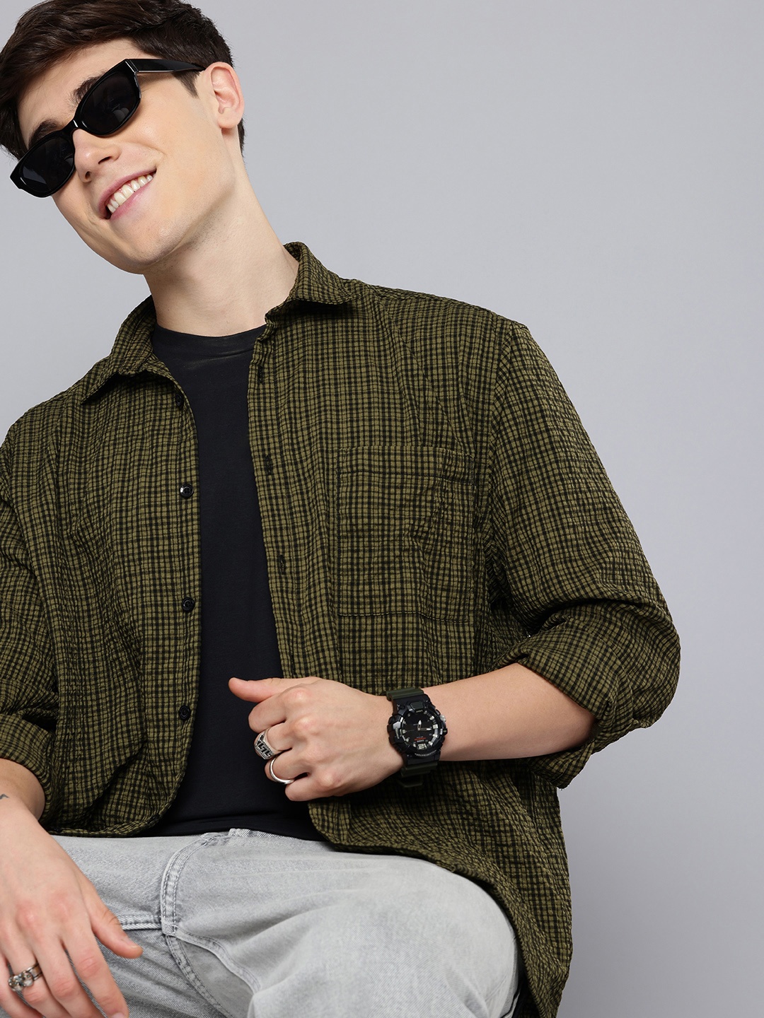 

Aeropostale Textured Self Design Micro Checks Opaque Casual Shirt, Olive