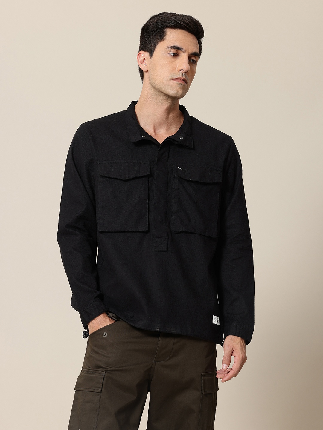 

Mr Bowerbird Liberal Fit Self Checked Pure Cotton Casual Shirt, Black