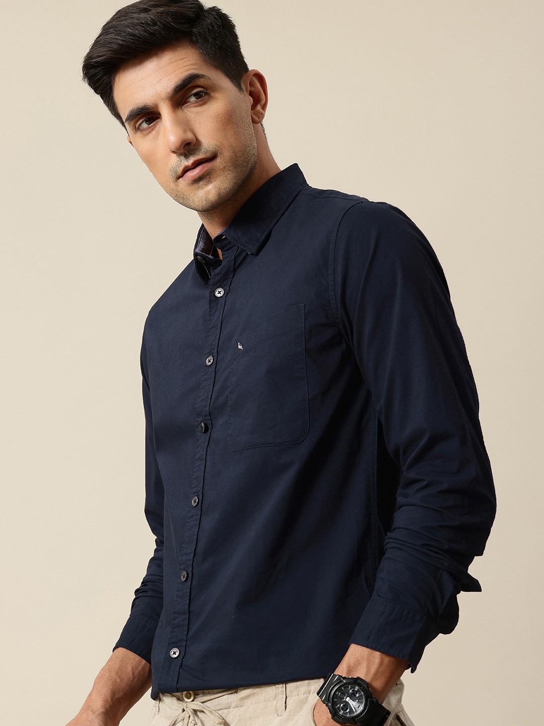 

Mr Bowerbird Pure Cotton Button-Down Collar Tailored Fit Casual Shirt, Navy blue