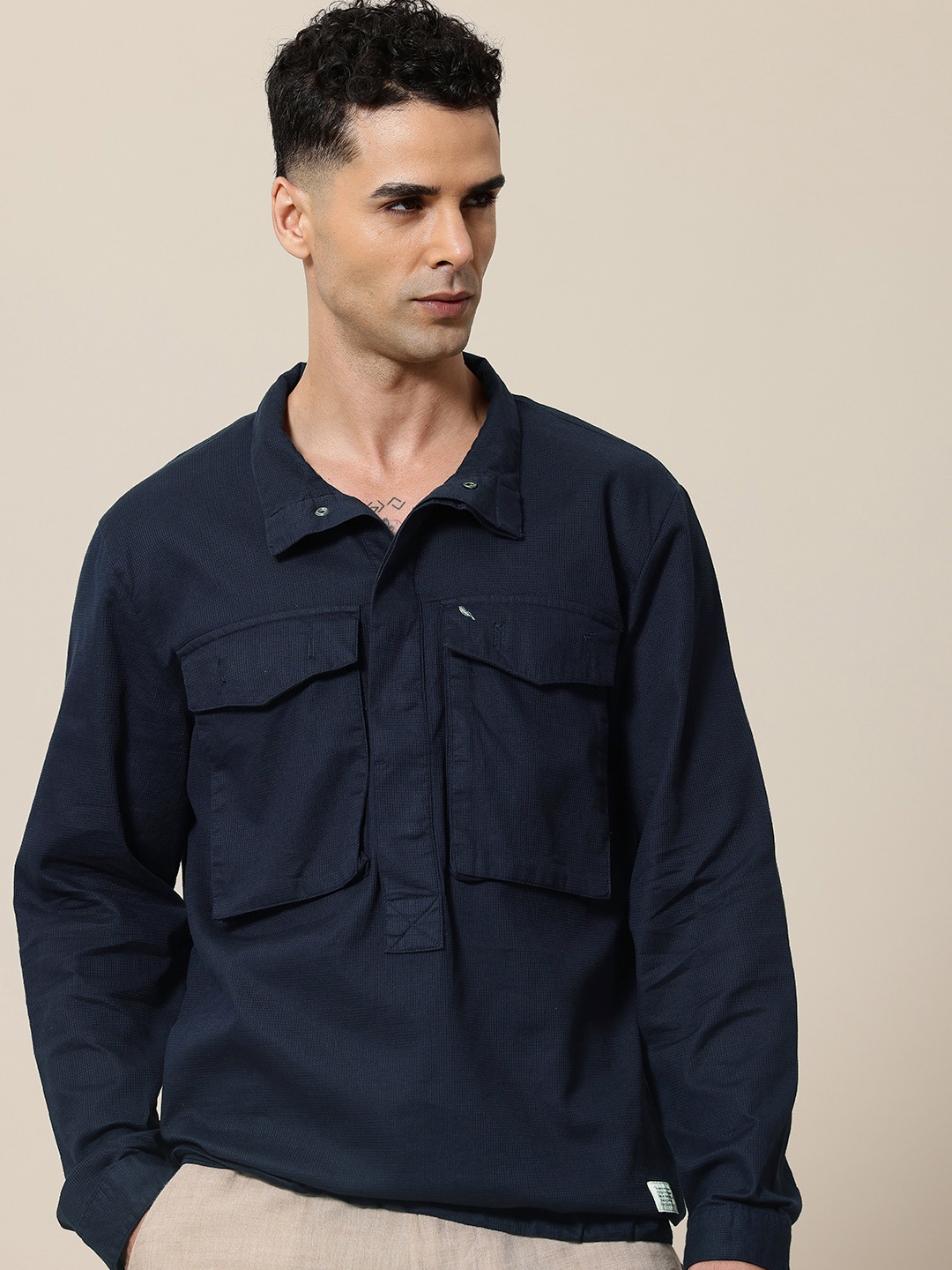 

Mr Bowerbird Liberal Fit Self Checked Pure Cotton Casual Shirt, Navy blue
