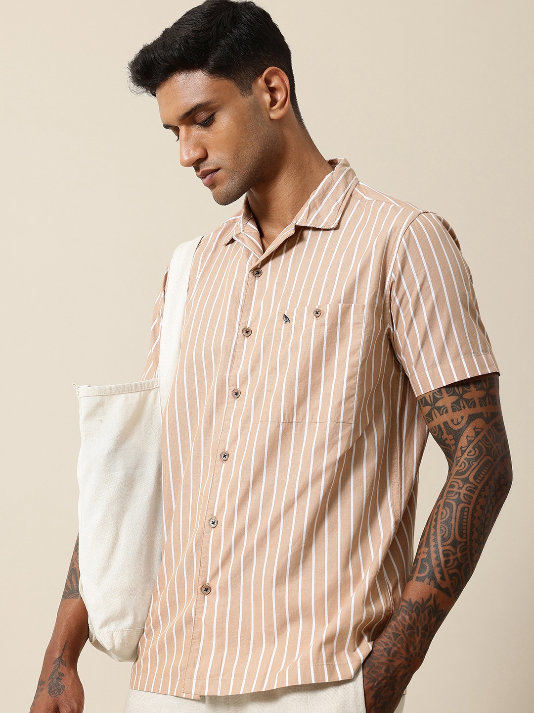 

Mr Bowerbird Liberal Fit Striped Pure Cotton Casual Shirt, Beige