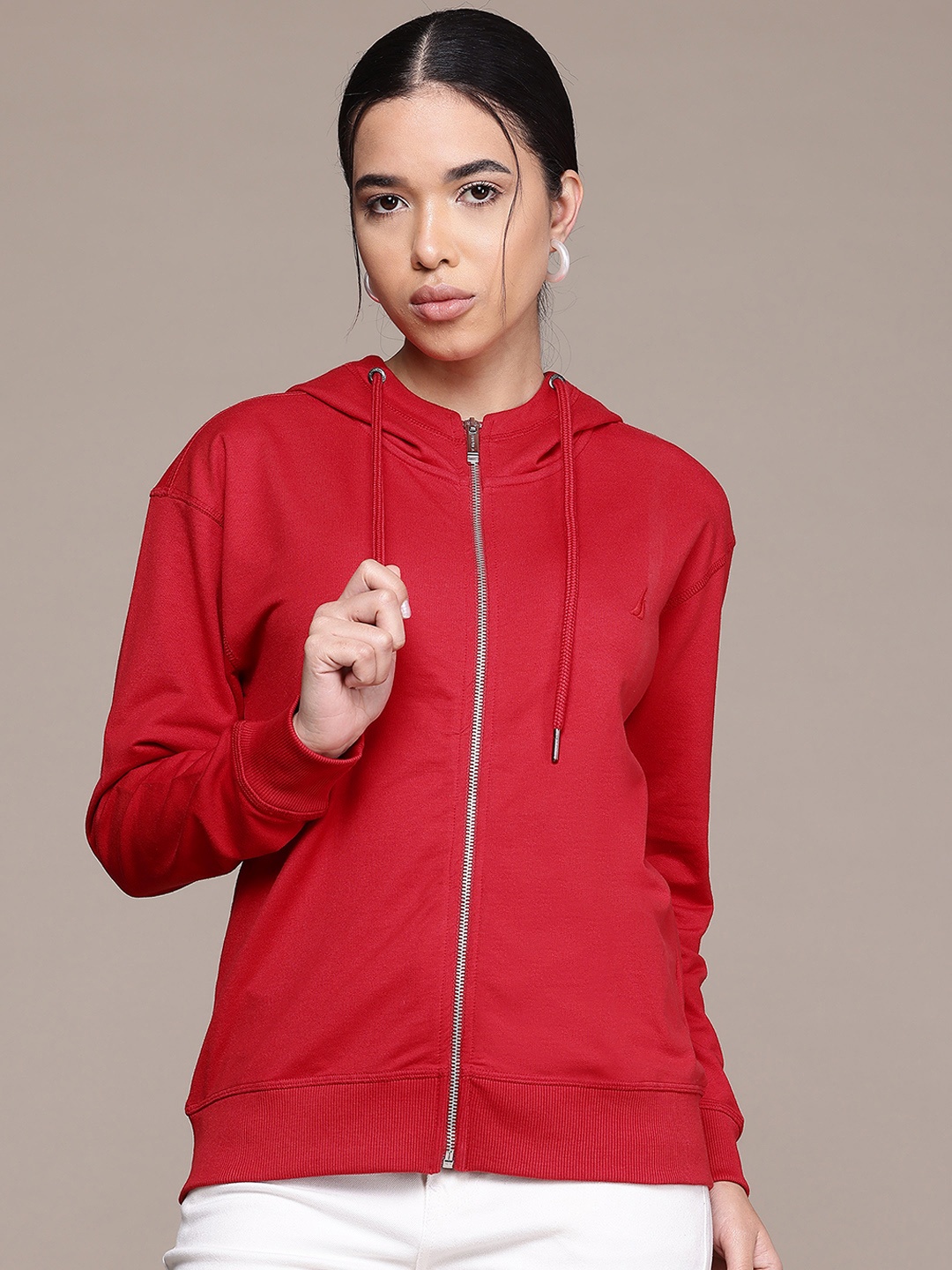 

Nautica Drop Shoulder Sleeves Hooded Sweatshirt, Red