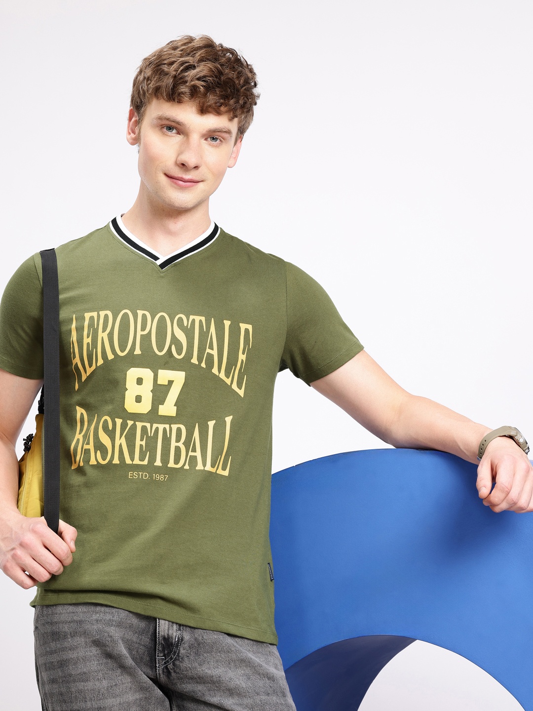 

Aeropostale Typography Printed V-Neck Pure Cotton T-shirt, Olive