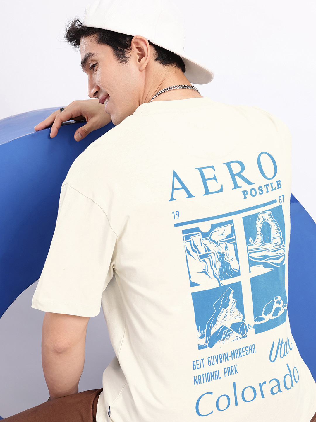 

Aeropostale Printed Drop-Shoulder Sleeves Relaxed Fit Pure Cotton T-shirt, Cream