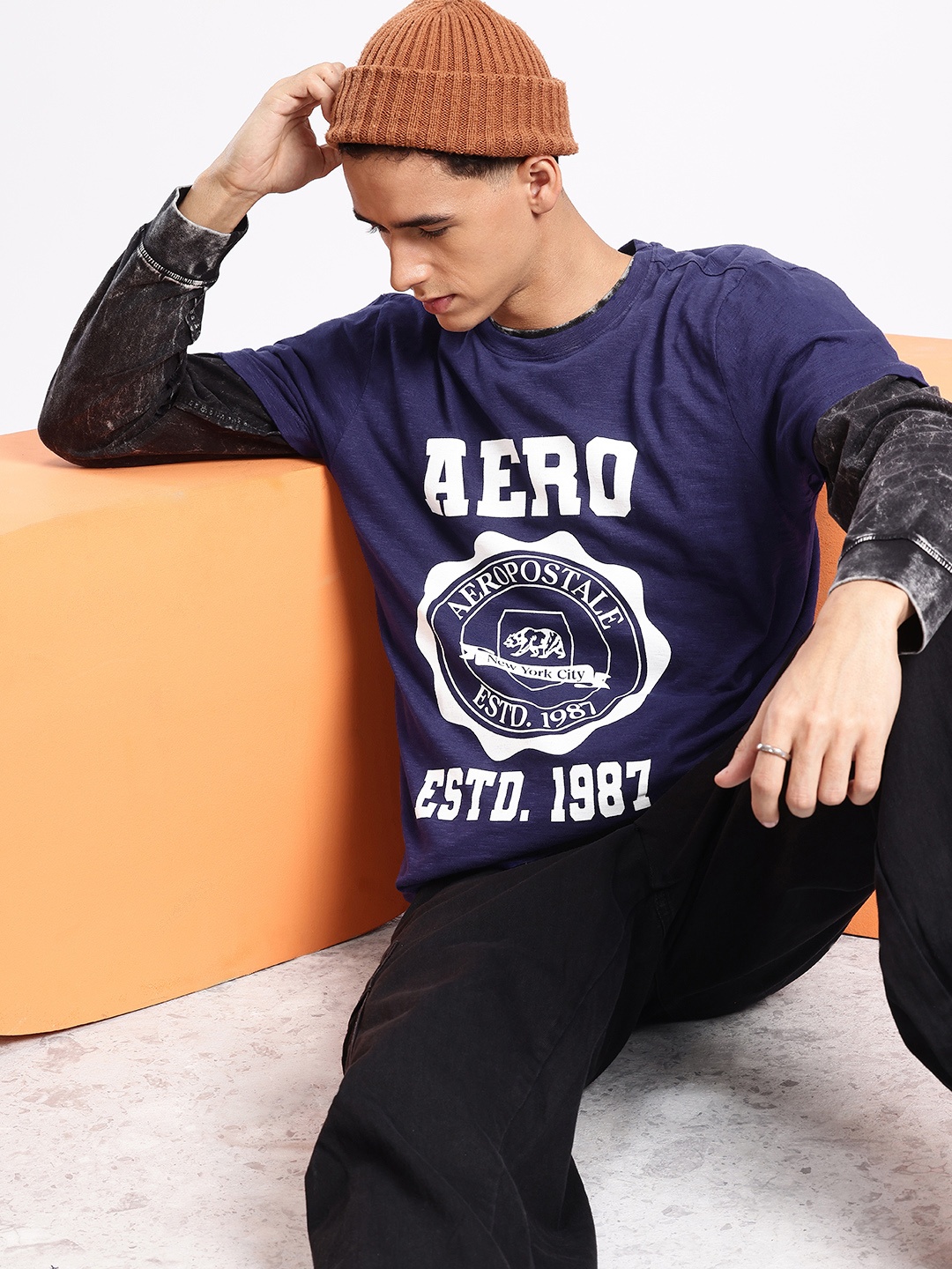 

Aeropostale Brand Logo Printed Pure Cotton T-shirt, Navy blue