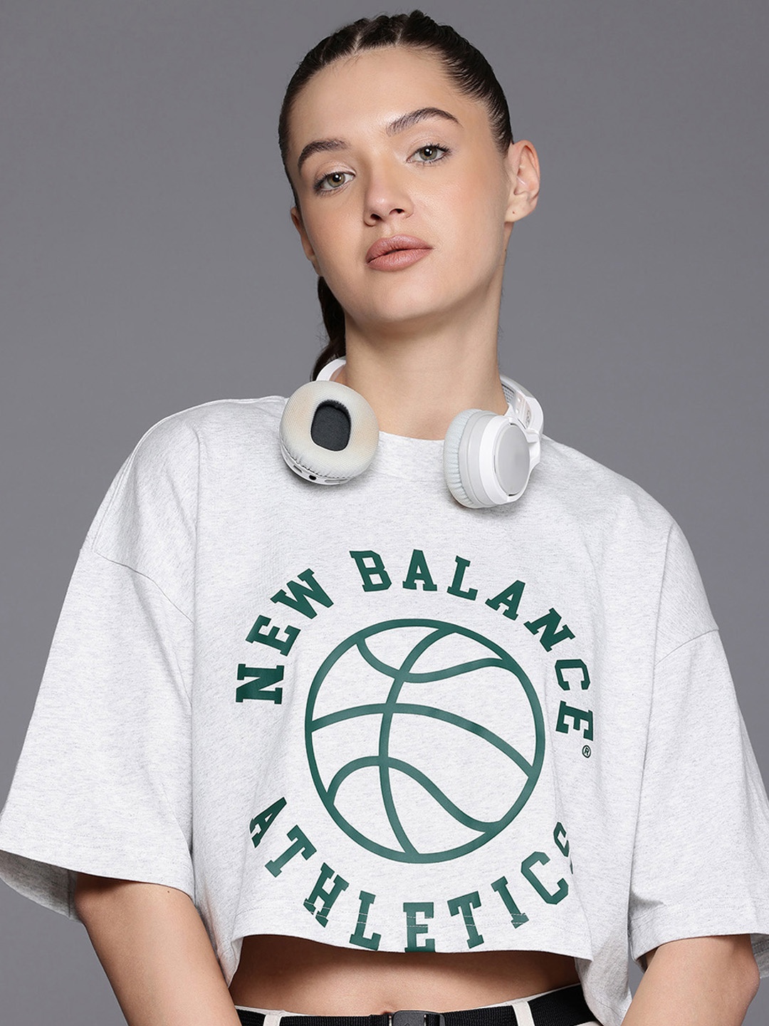 

New Balance Boxy Cotton Athletics Oversized 550 League Top, Grey melange