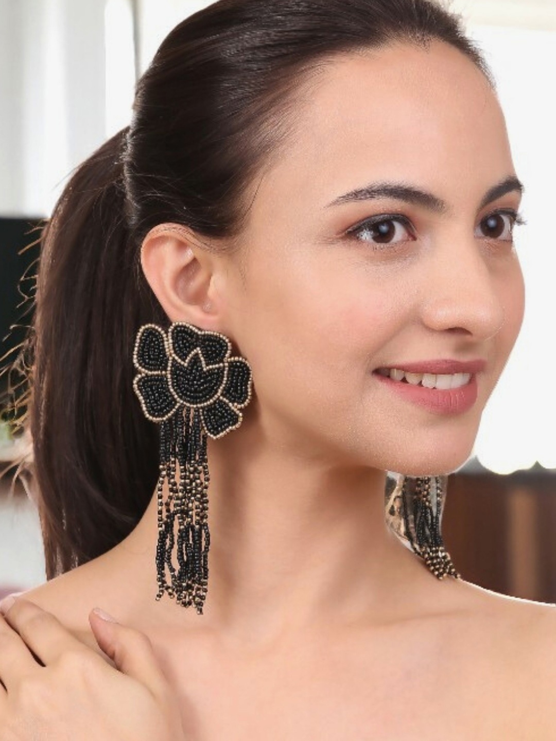 

VIVAZS Gold-Plated Geometric Beaded Floral Drop Earrings