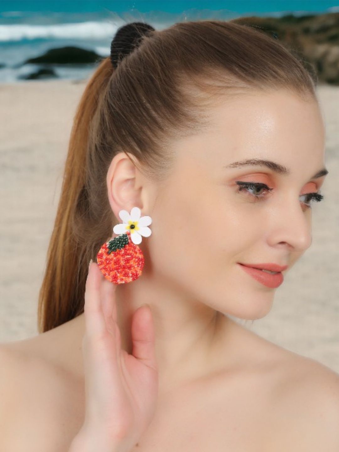 

VIVAZS Floral Shaped Contemporary Beaded Drop Earrings, Orange