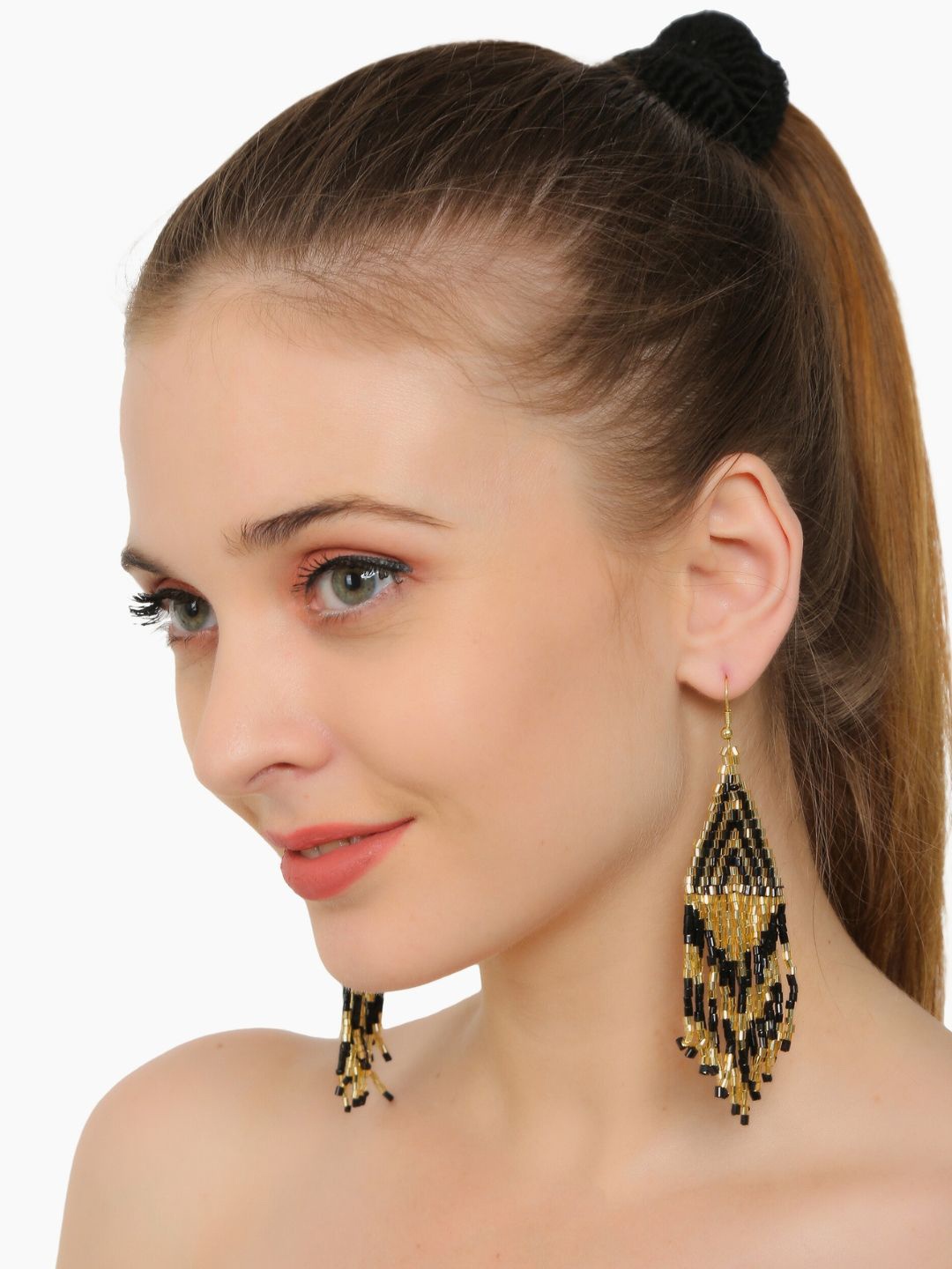

VIVAZS Gold-Plated Contemporary Beaded Tasselled Drop Earrings, Black