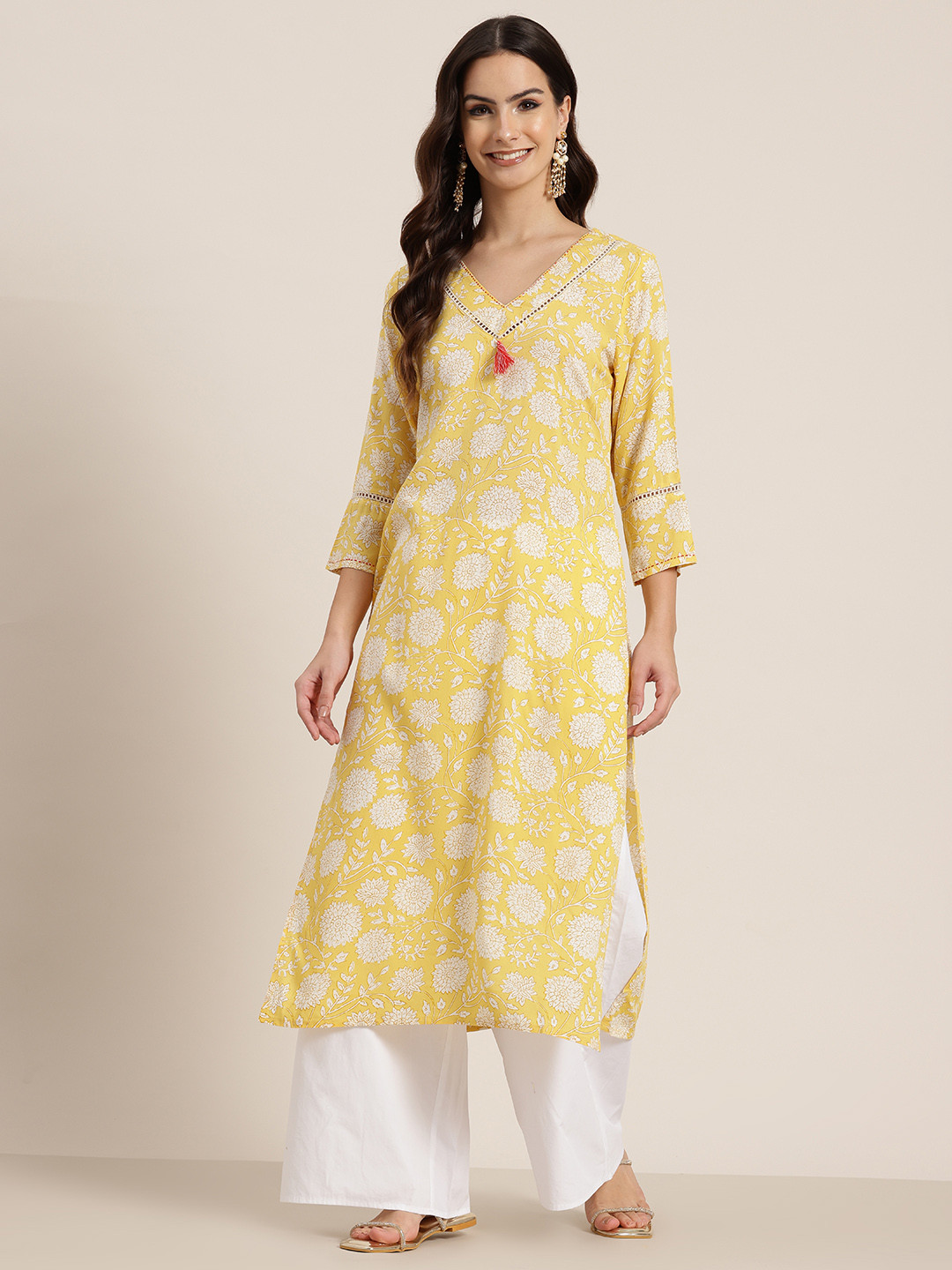 

HERE&NOW Floral Printed Thread Work Kurta, Yellow