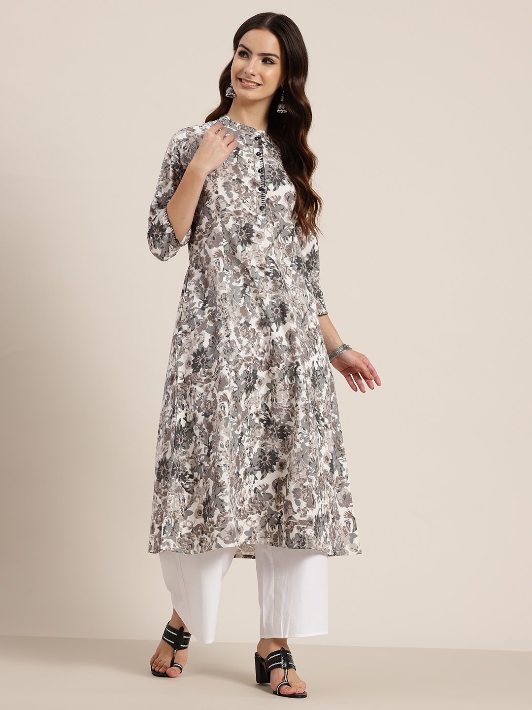 

HERE&NOW Printed Thread Work Pure Cotton Kurta, Grey